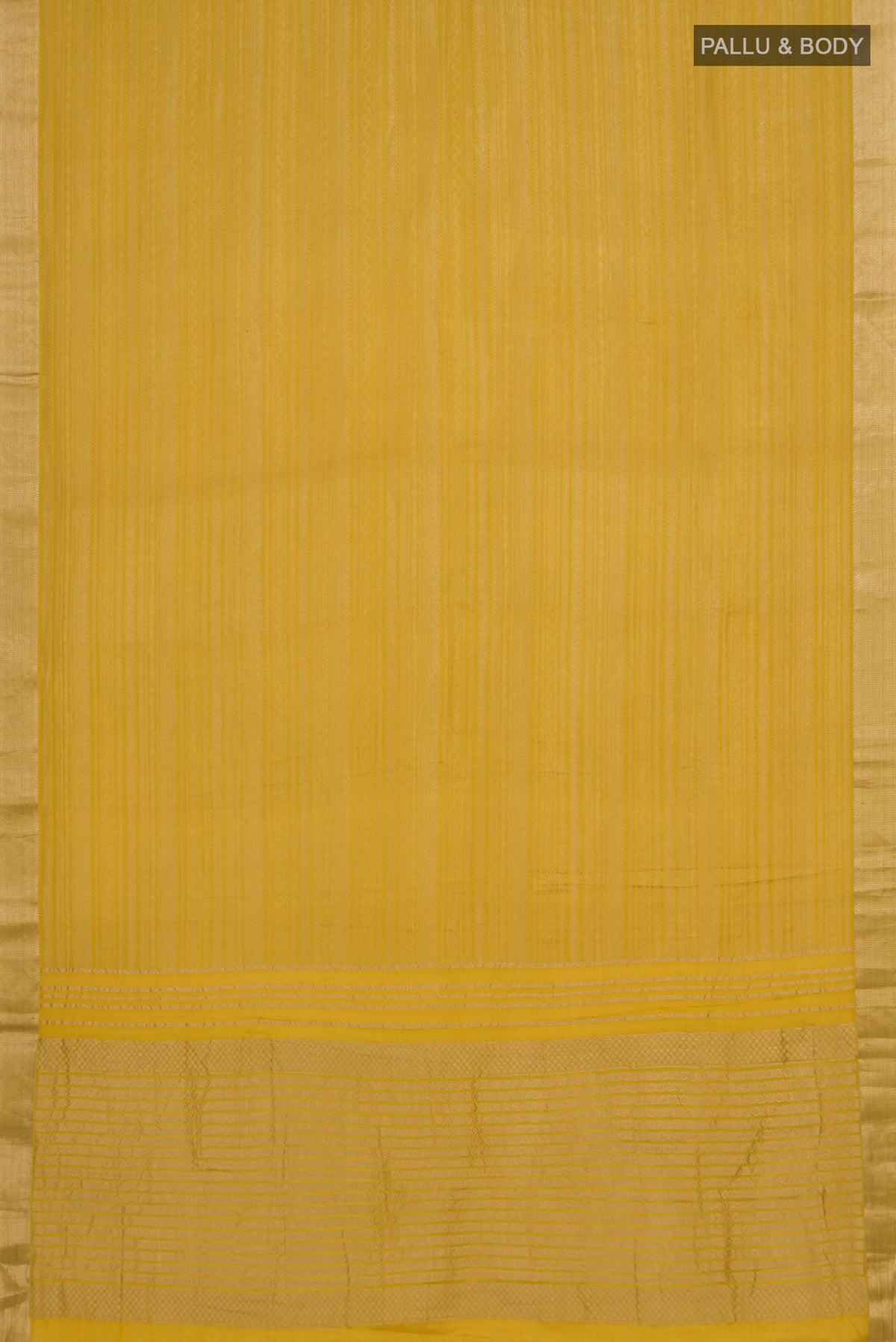 Flat view of Yellow Mysore Crepe Saree with Zari Brocade on the body and Zari Border. 