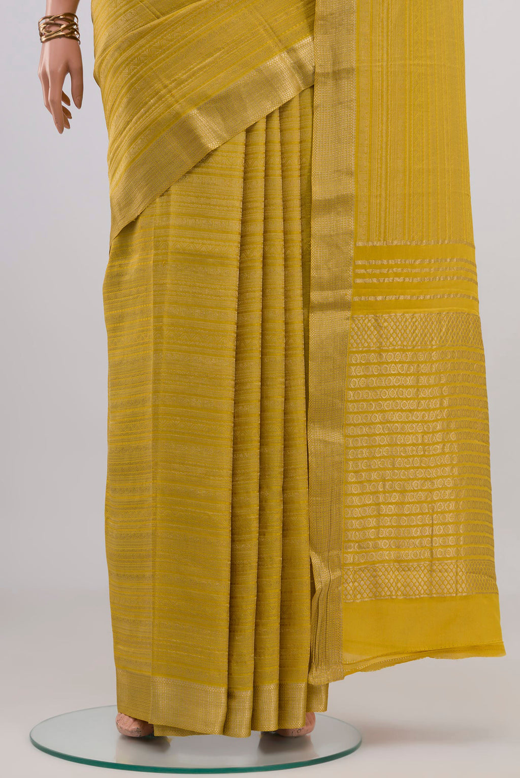 Pleats and pallu of Yellow Mysore Crepe Saree with Zari Brocade on the body and Zari Border. 
