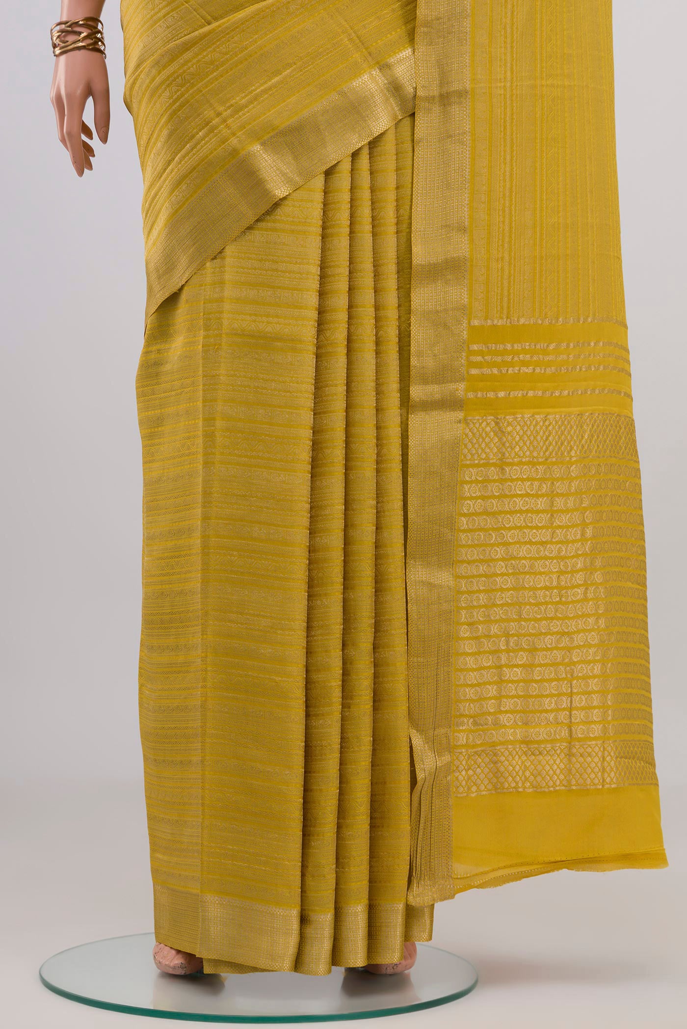 Pleats and pallu of Yellow Mysore Crepe Saree with Zari Brocade on the body and Zari Border. 