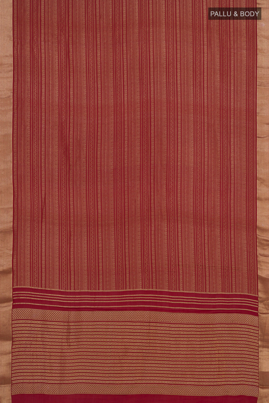 Flat view of Maroon Mysore Crepe Saree with Zari Brocade on the body and Zari Border. 