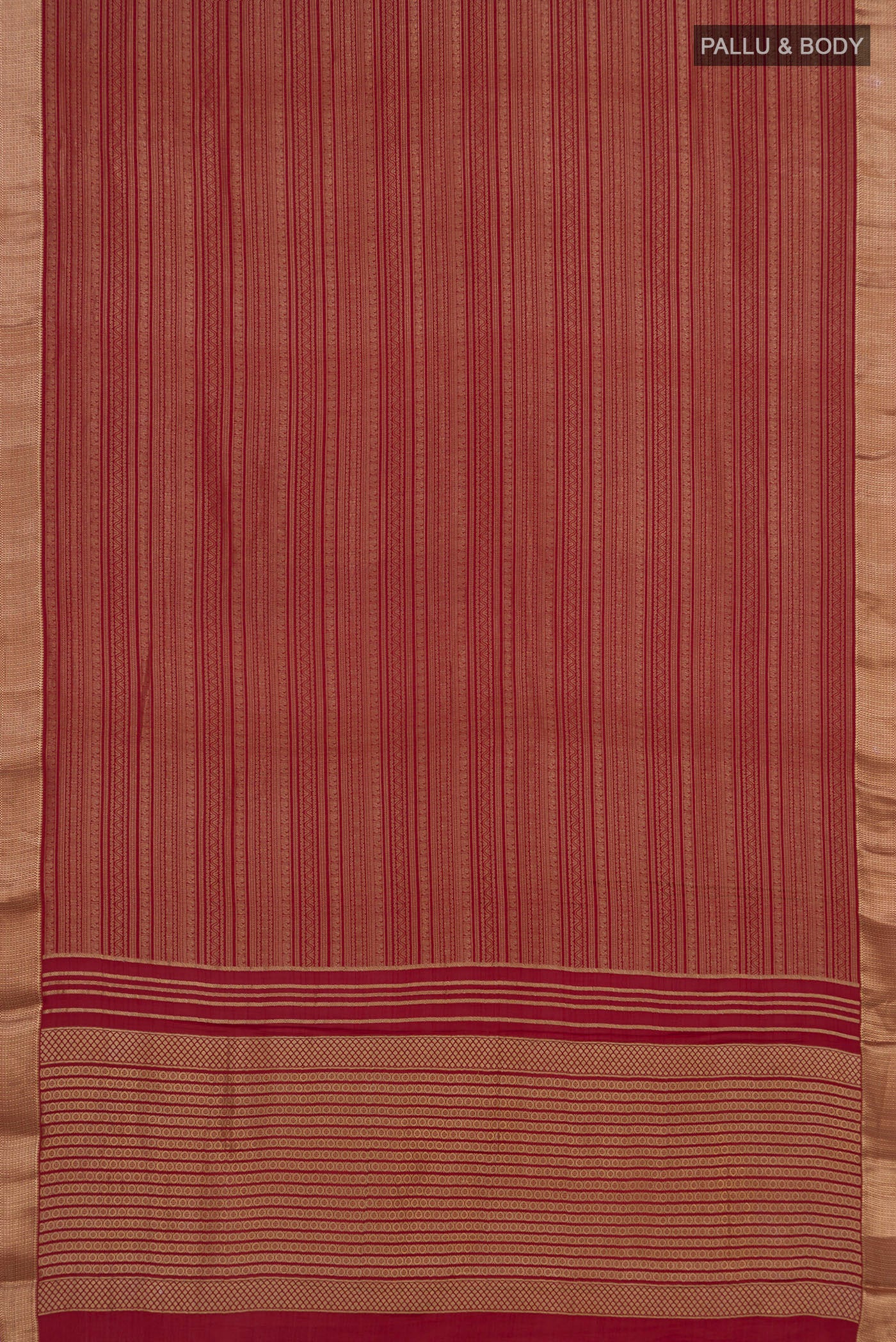Flat view of Maroon Mysore Crepe Saree with Zari Brocade on the body and Zari Border. 