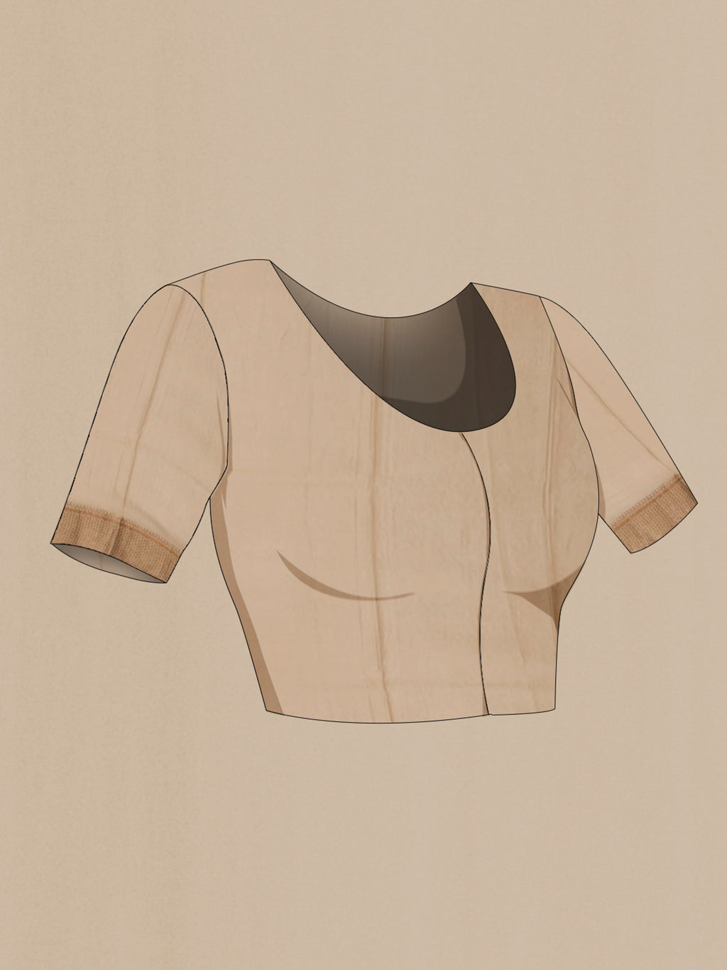Close up image of the blouse of Beige Mysore Crepe Saree with Zari Brocade on the body and Zari Border. 
