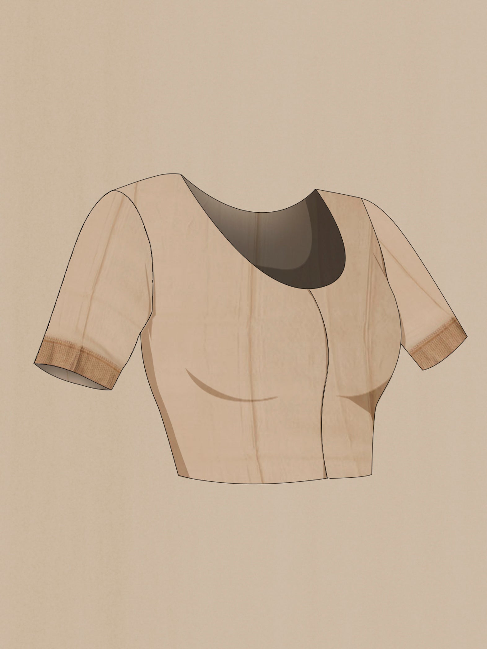 Close up image of the blouse of Beige Mysore Crepe Saree with Zari Brocade on the body and Zari Border. 