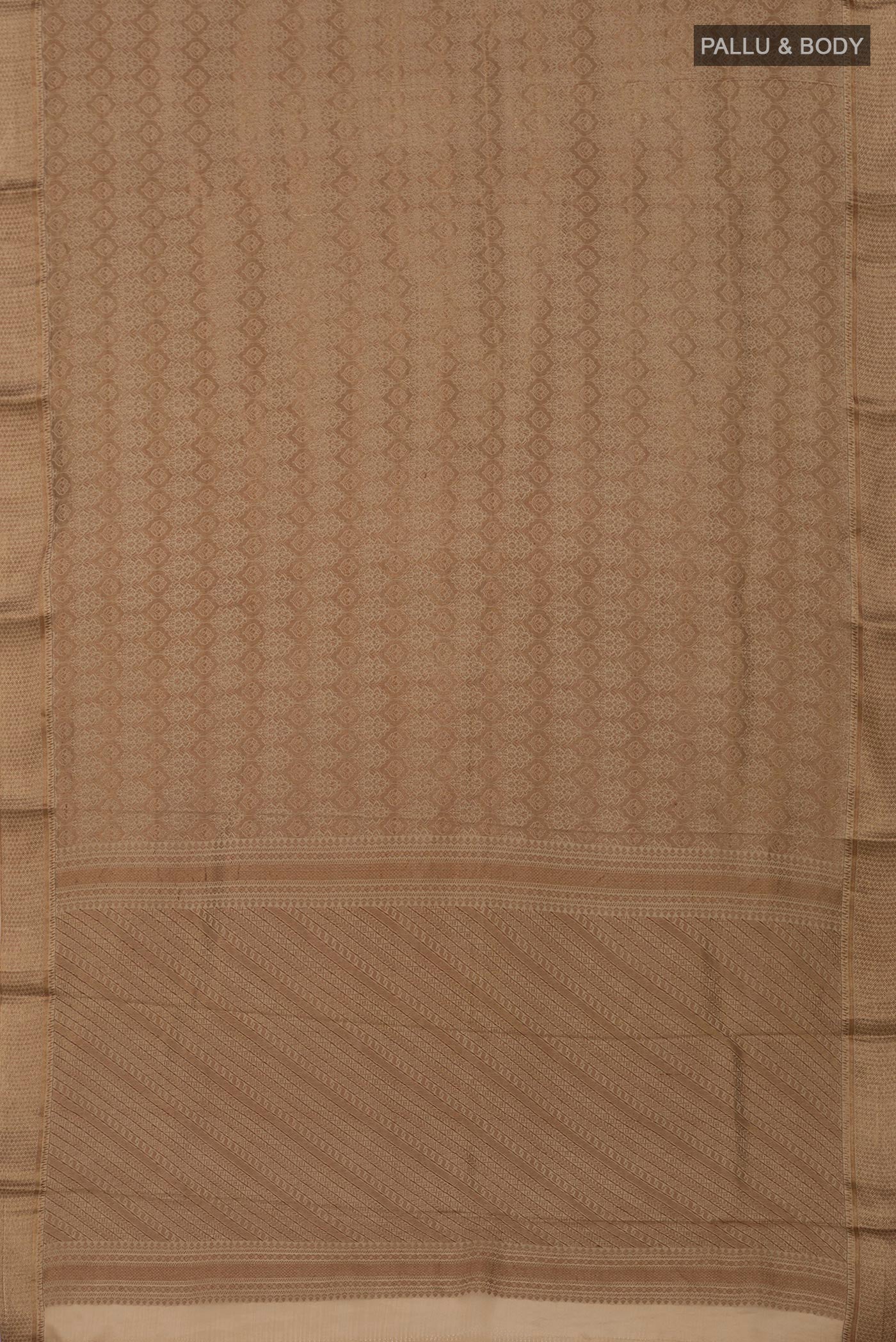 Flat view of Beige Mysore Crepe Saree with Zari Brocade on the body and Zari Border. 