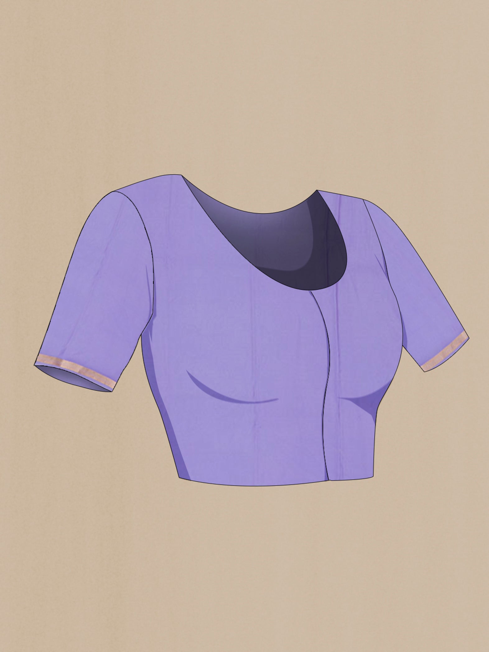Close up image of the blouse of Lavender Mysore Crepe Saree with Zig Zag design on the body and Thin Zari Line. 