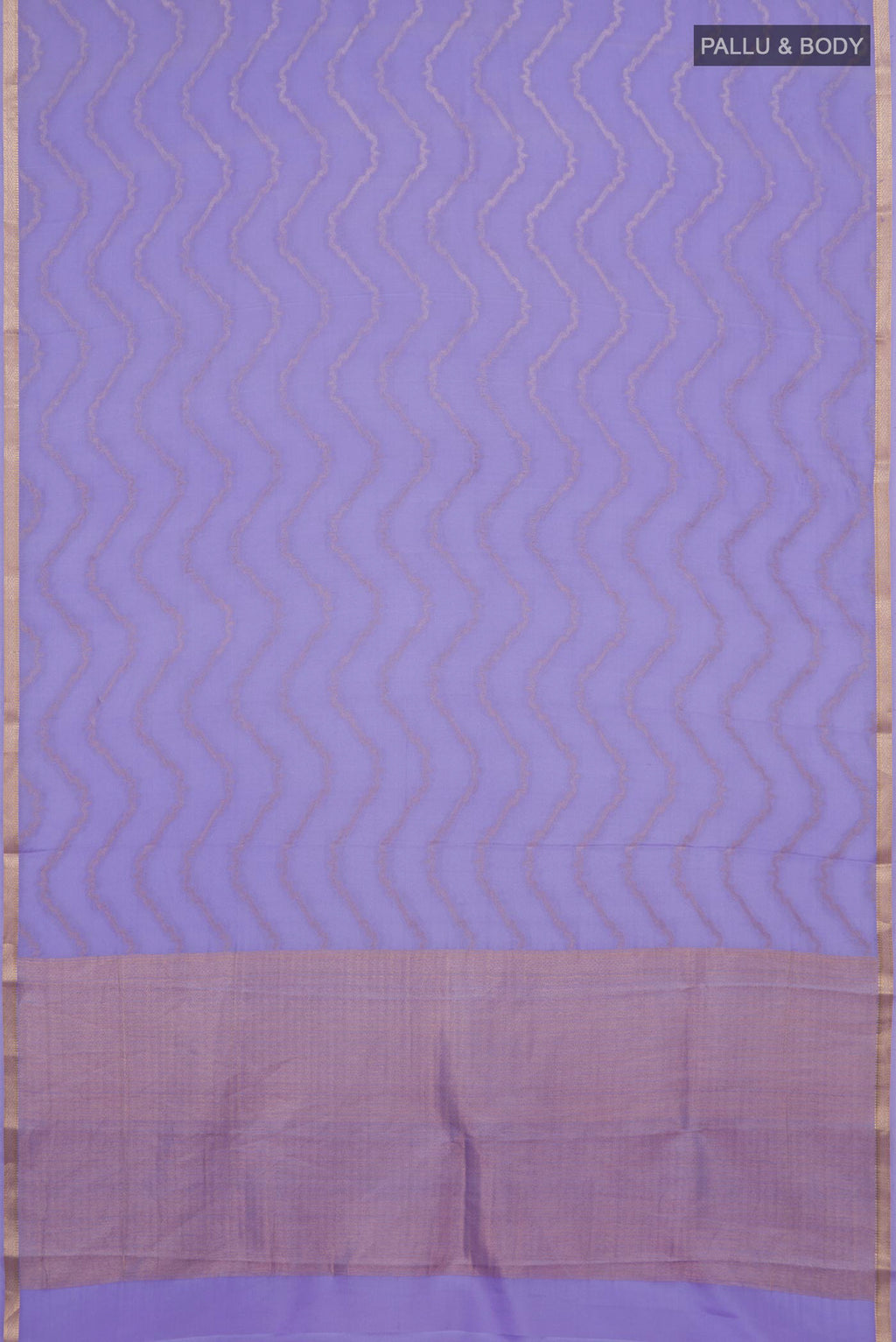 Flat view of Lavender Mysore Crepe Saree with Zig Zag design on the body and Thin Zari Line. 