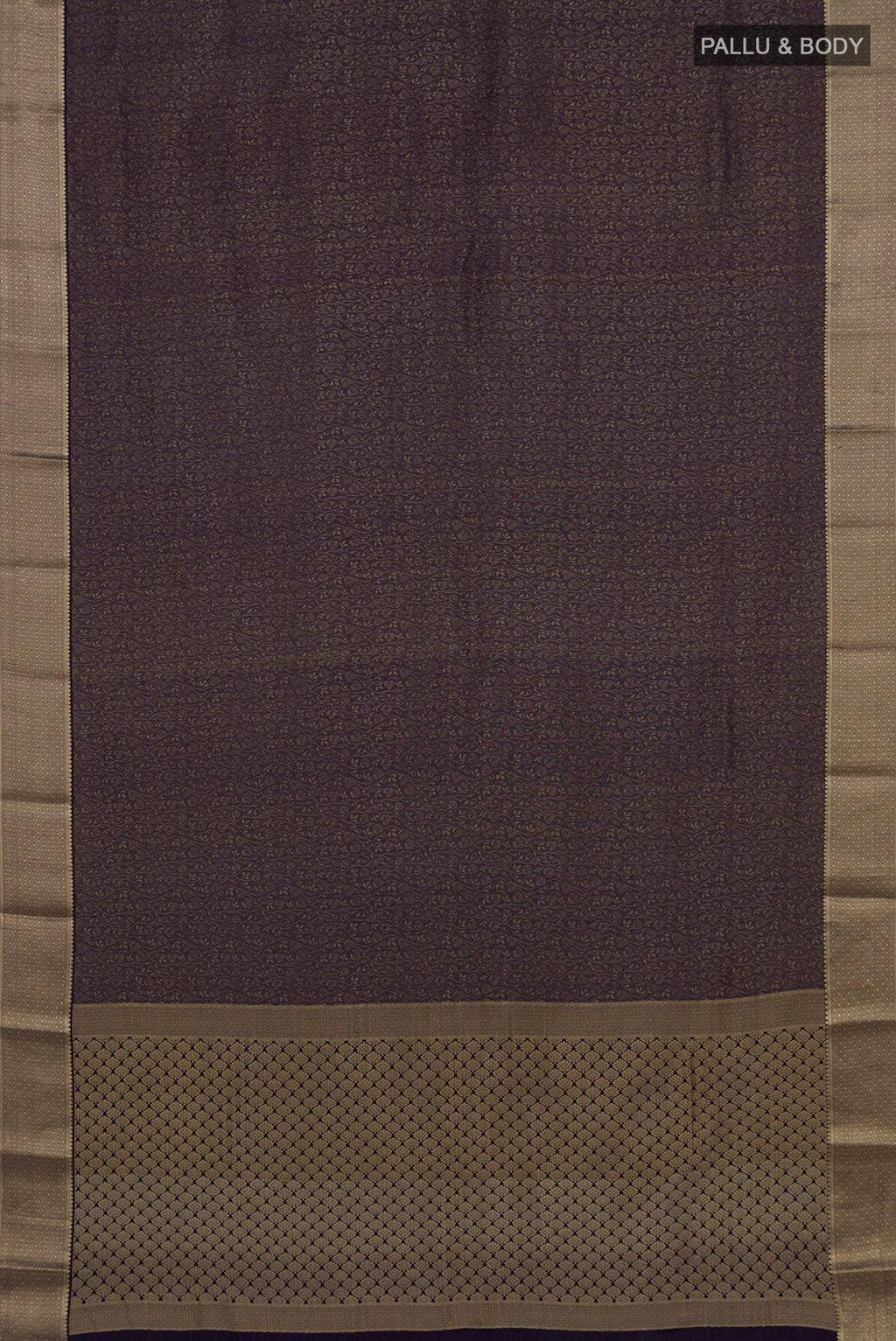 Flat view of Navy Blue Mysore Crepe Saree with Zari Brocade on the body and Zari Border. 