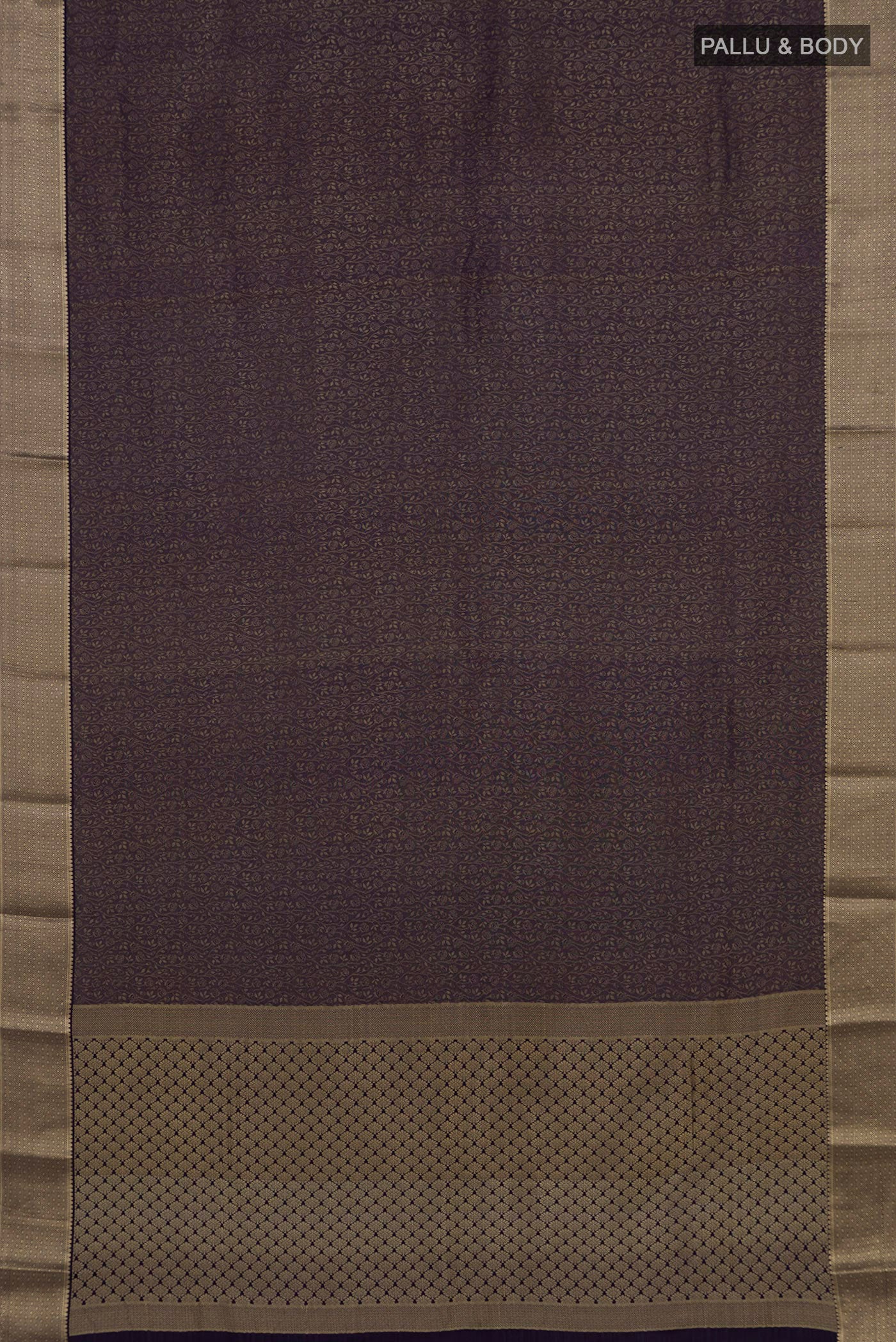 Flat view of Navy Blue Mysore Crepe Saree with Zari Brocade on the body and Zari Border. 