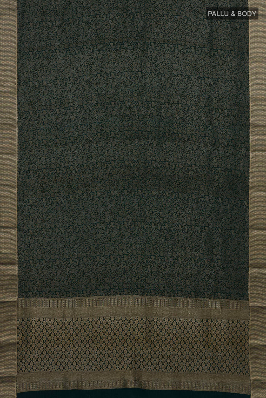 Flat view of Bottle Green Mysore Crepe Saree with Zari Brocade on the body and Zari Border. 