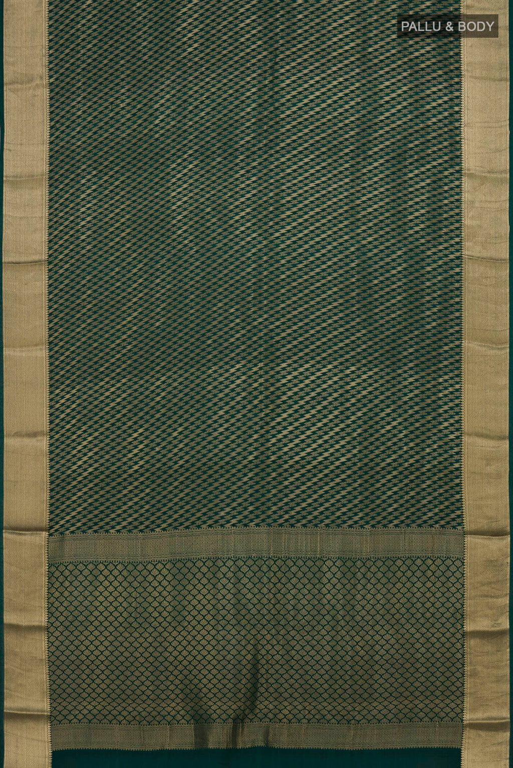 Flat view of Bottle Green Crepe Saree with Zari Brocade on the body and Zari Border. 