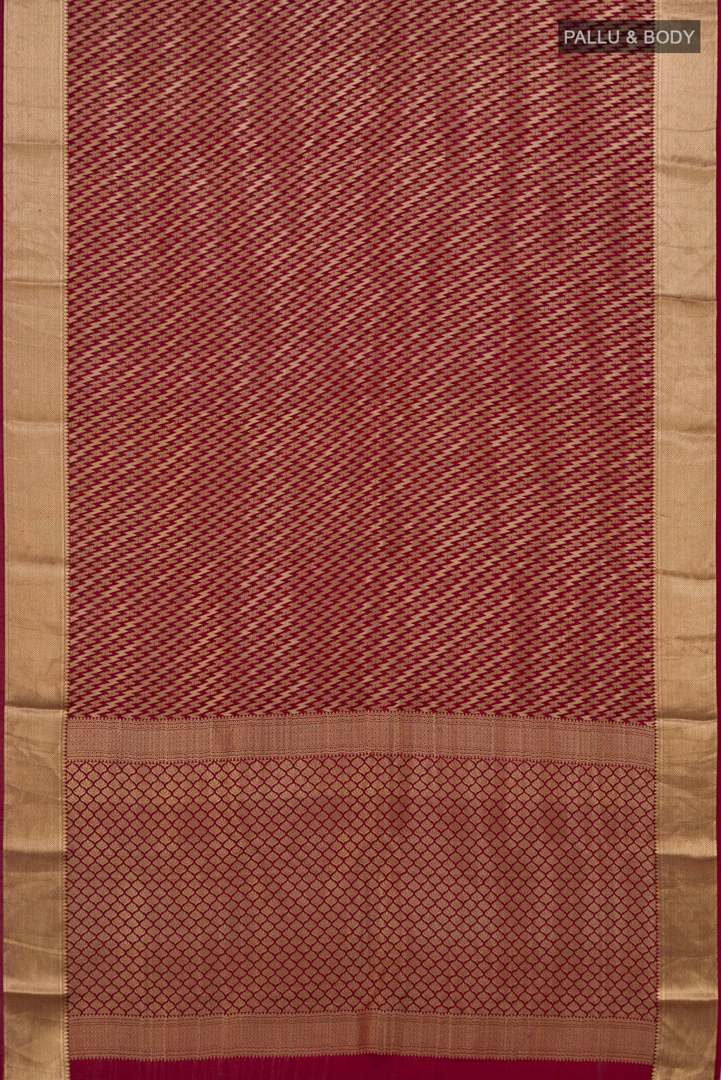 Flat view of Maroon Mysore Crepe Saree with Zari Brocade on the body and Zari Border. 