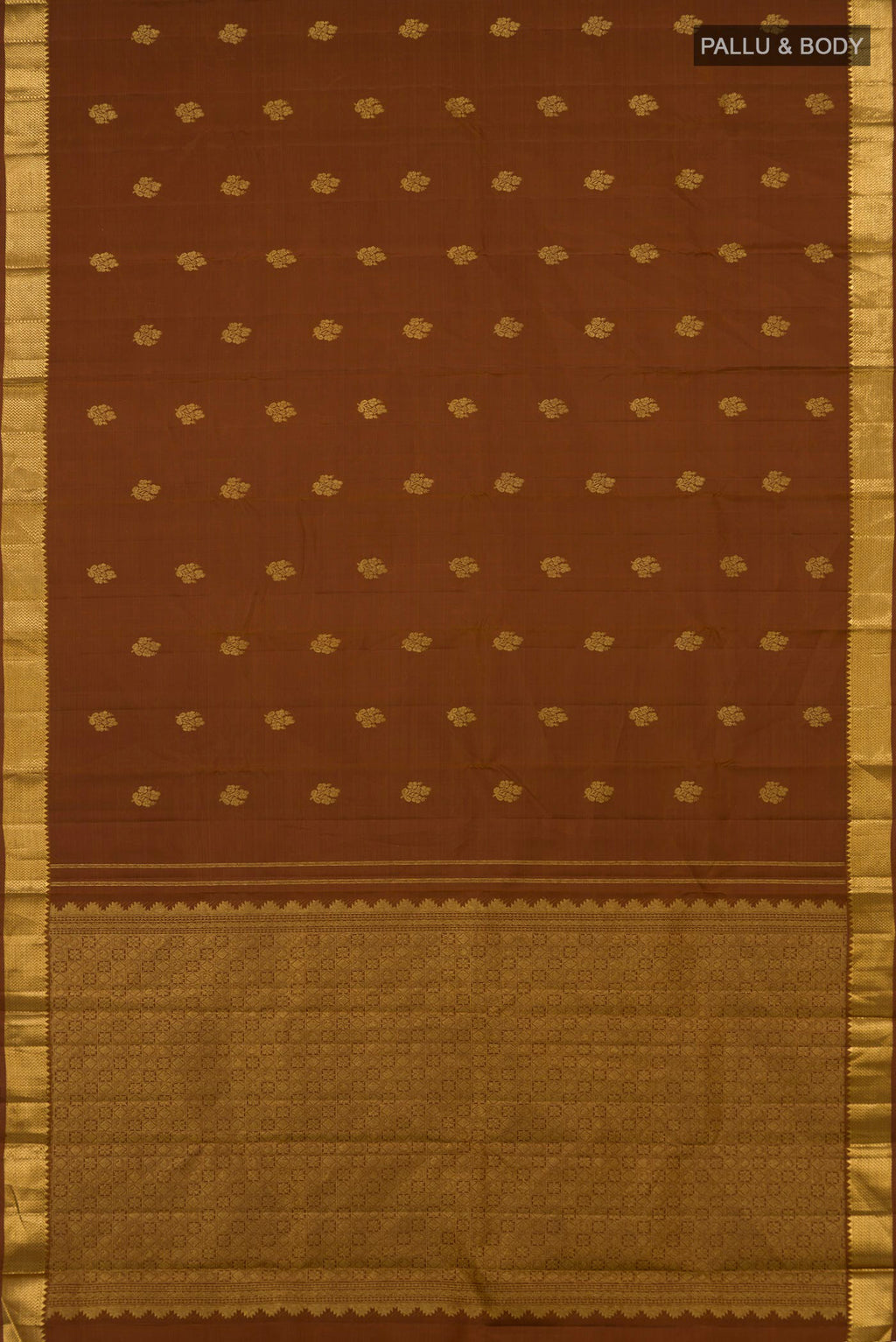 Flat view of Brown Kanjivaram Silk Saree with Zari Butta on the body and Zari Border. 