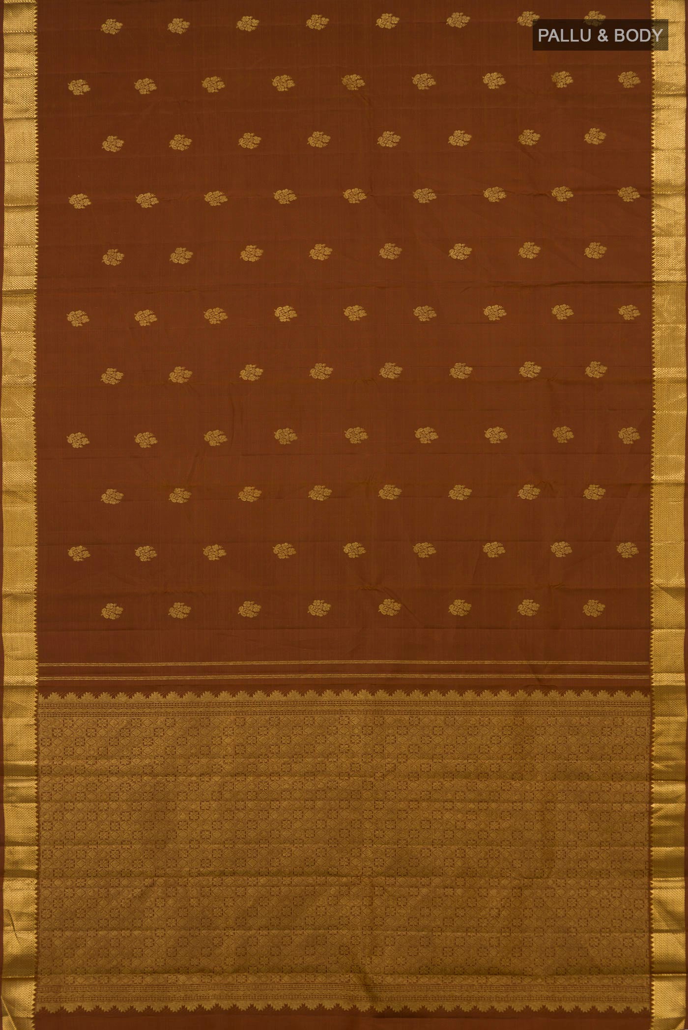 Flat view of Brown Kanjivaram Silk Saree with Zari Butta on the body and Zari Border. 