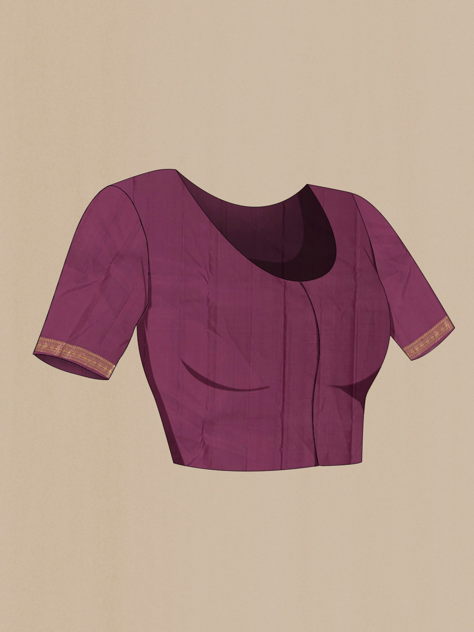 Close up image of the blouse of Purple Kanchipuram Silk Saree with Zari Butta on the body and Zari Border. 