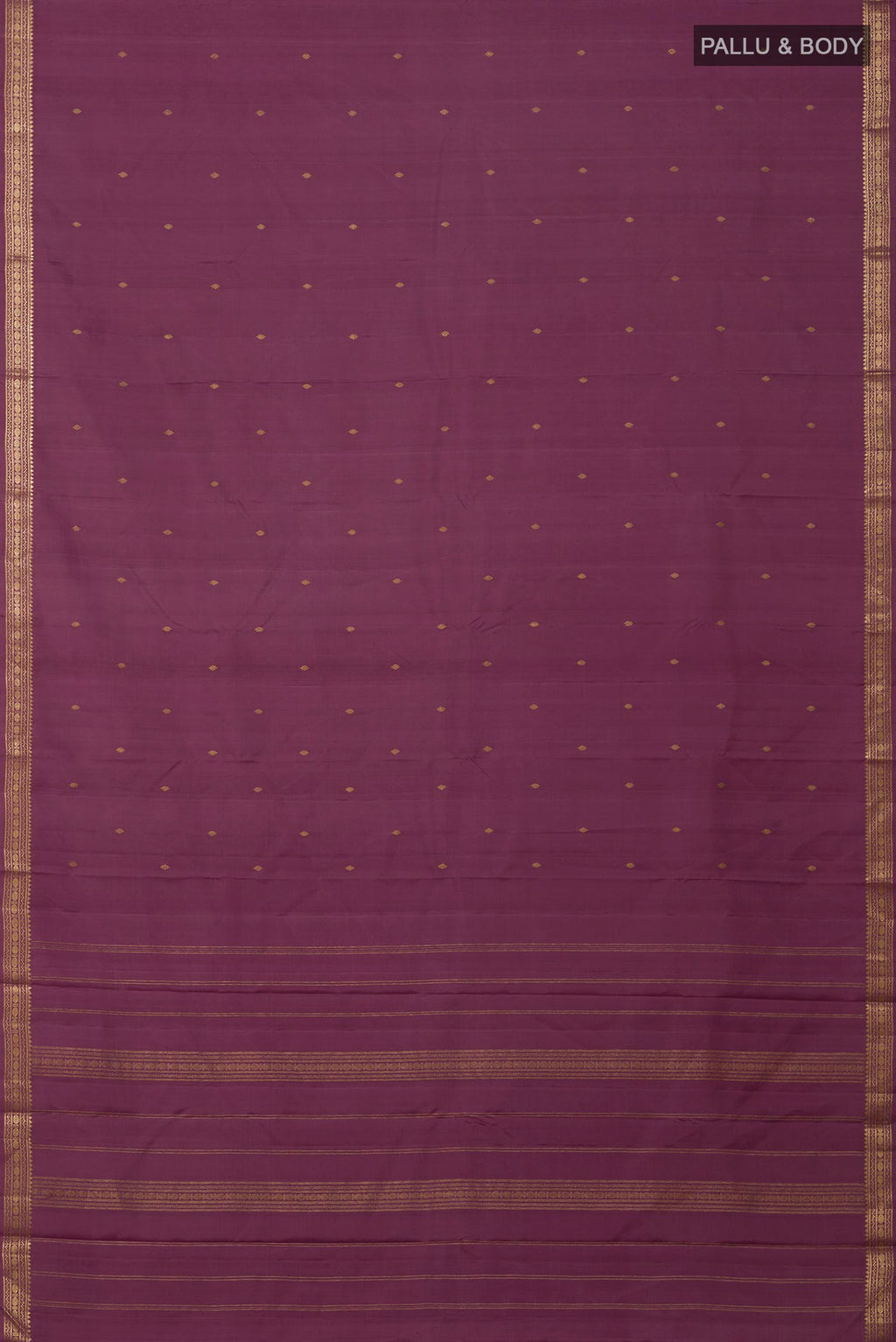 Flat view of Purple Kanchipuram Silk Saree with Zari Butta on the body and Zari Border. 