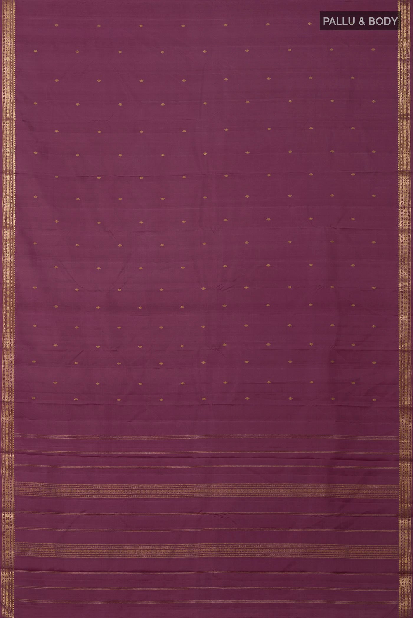 Flat view of Purple Kanchipuram Silk Saree with Zari Butta on the body and Zari Border. 