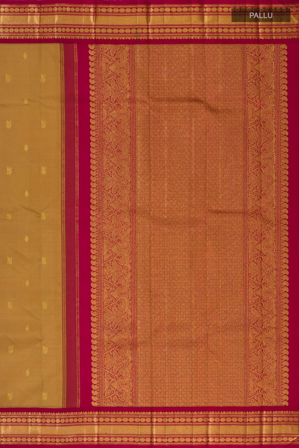 Close up image of the pallu of Pure Silk Brown Kanchipuram Saree with Zari Butta on the body and Zari Border. 
