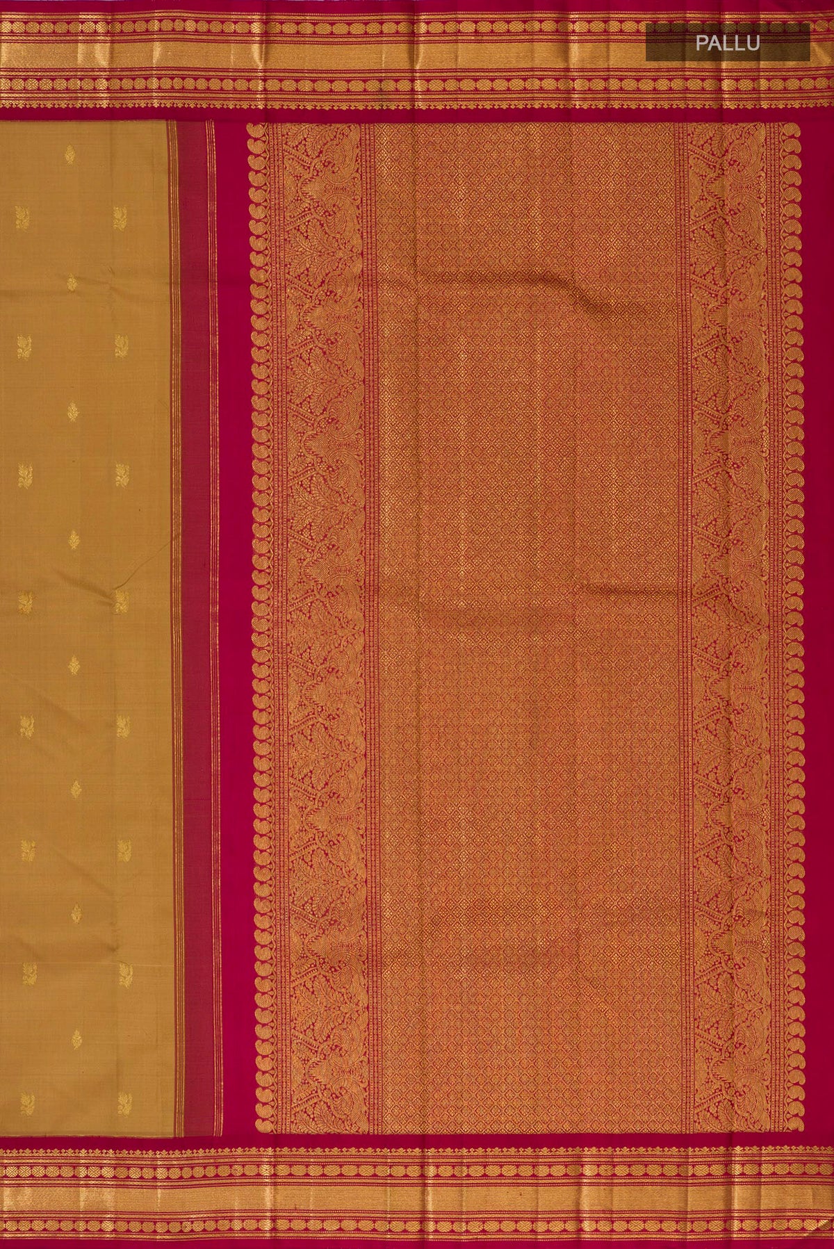 Close up image of the pallu of Pure Silk Brown Kanchipuram Saree with Zari Butta on the body and Zari Border. 