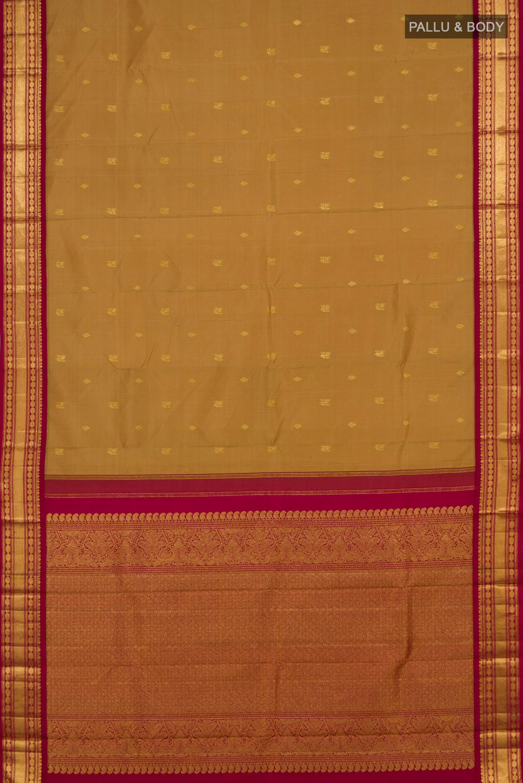 Flat view of Pure Silk Brown Kanchipuram Saree with Zari Butta on the body and Zari Border. 
