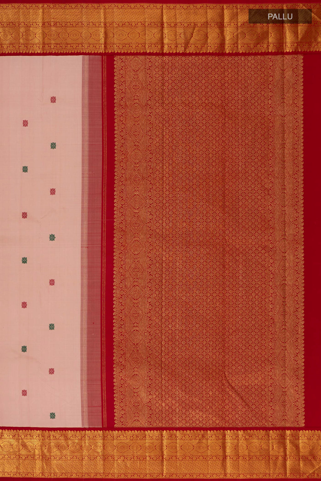 Close up image of the pallu of Pure Silk Pure Zari Peach Kanjivaram Saree with Thread Butta on the body and Zari Border. 