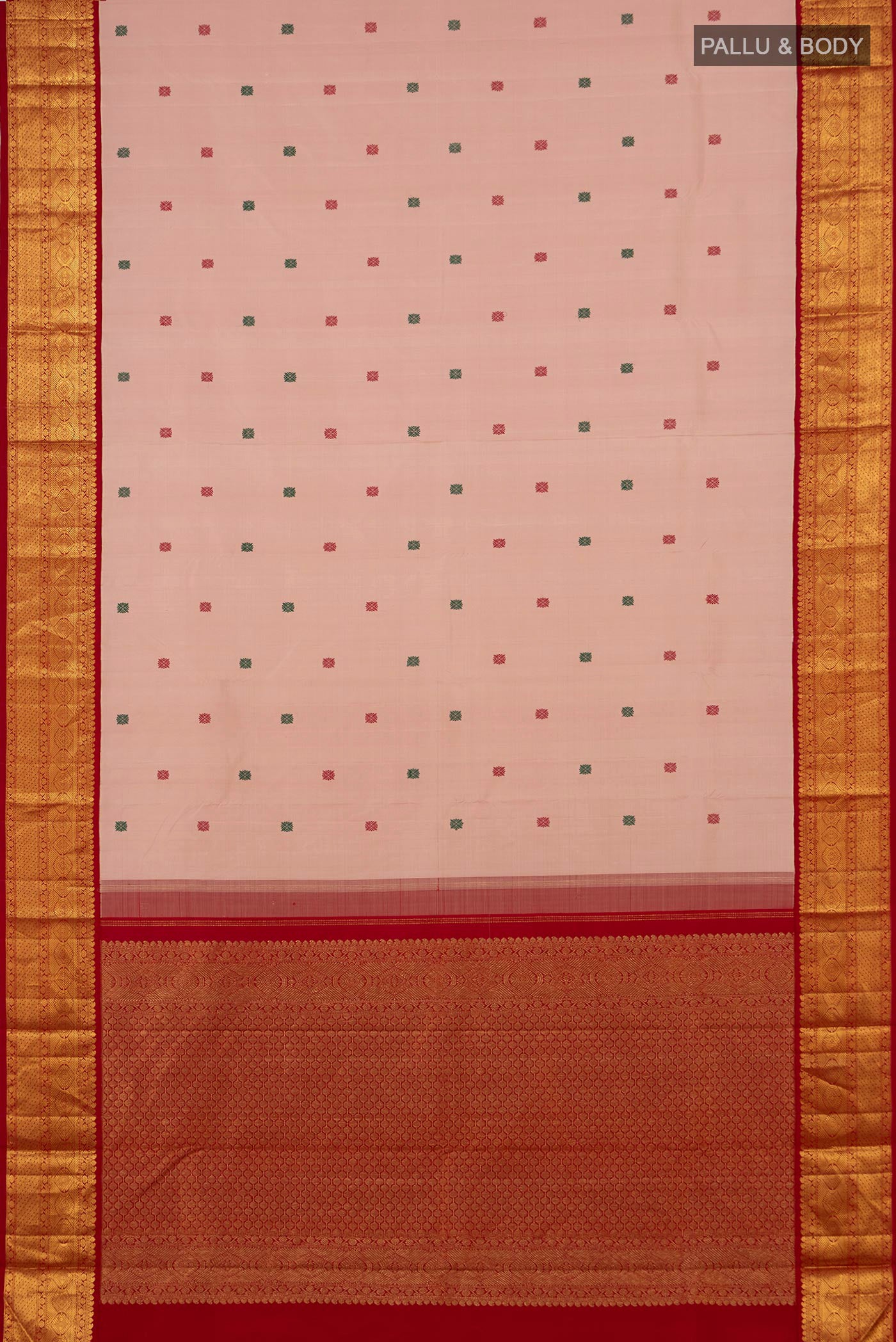 Flat view of Pure Silk Pure Zari Peach Kanjivaram Saree with Thread Butta on the body and Zari Border. 