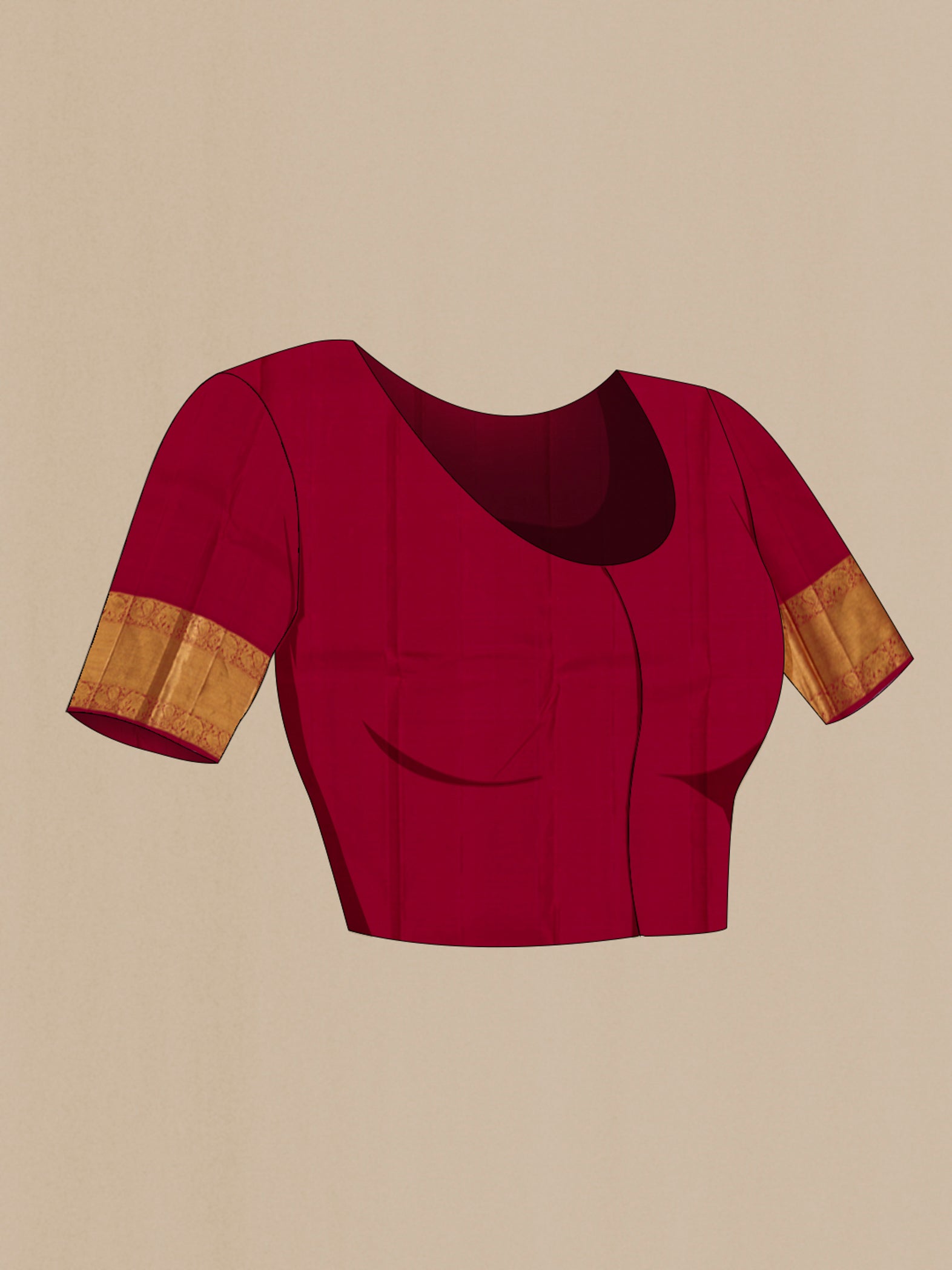 Close up image of the blouse of Red Kanjivaram Silk Saree with Jacquard design on the body and Zari Border. 