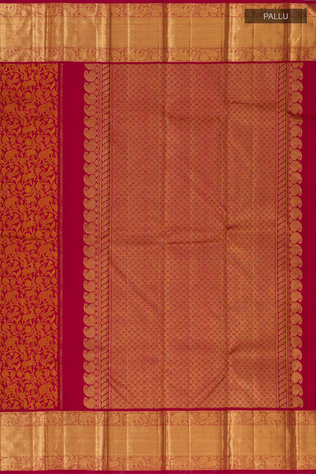 Close up image of the pallu of Red Kanjivaram Silk Saree with Jacquard design on the body and Zari Border. 