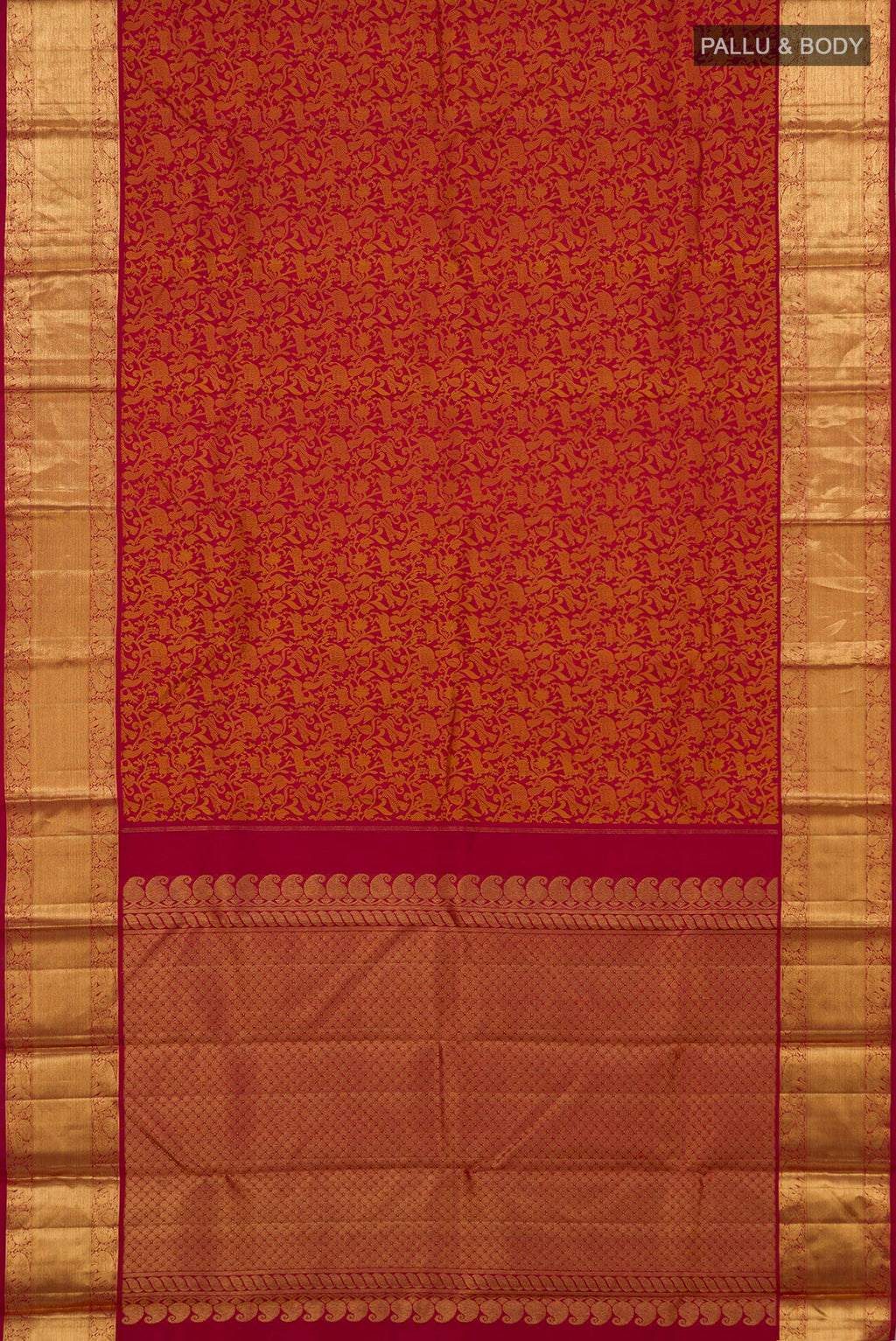 Flat view of Red Kanjivaram Silk Saree with Jacquard design on the body and Zari Border. 
