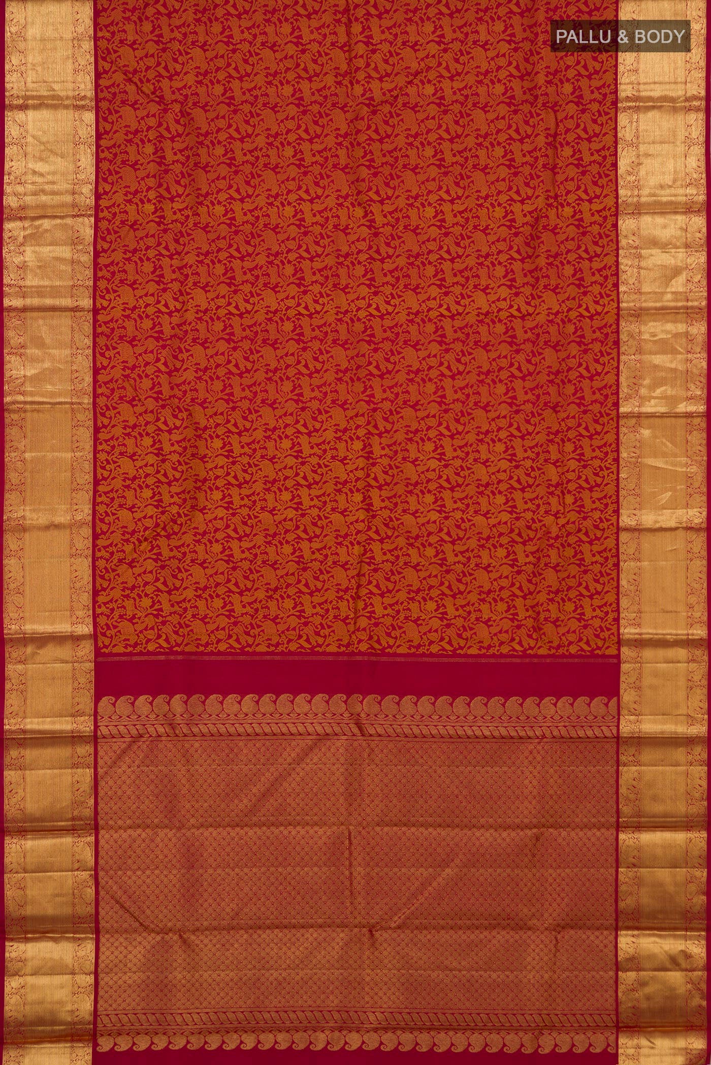 Flat view of Red Kanjivaram Silk Saree with Jacquard design on the body and Zari Border. 
