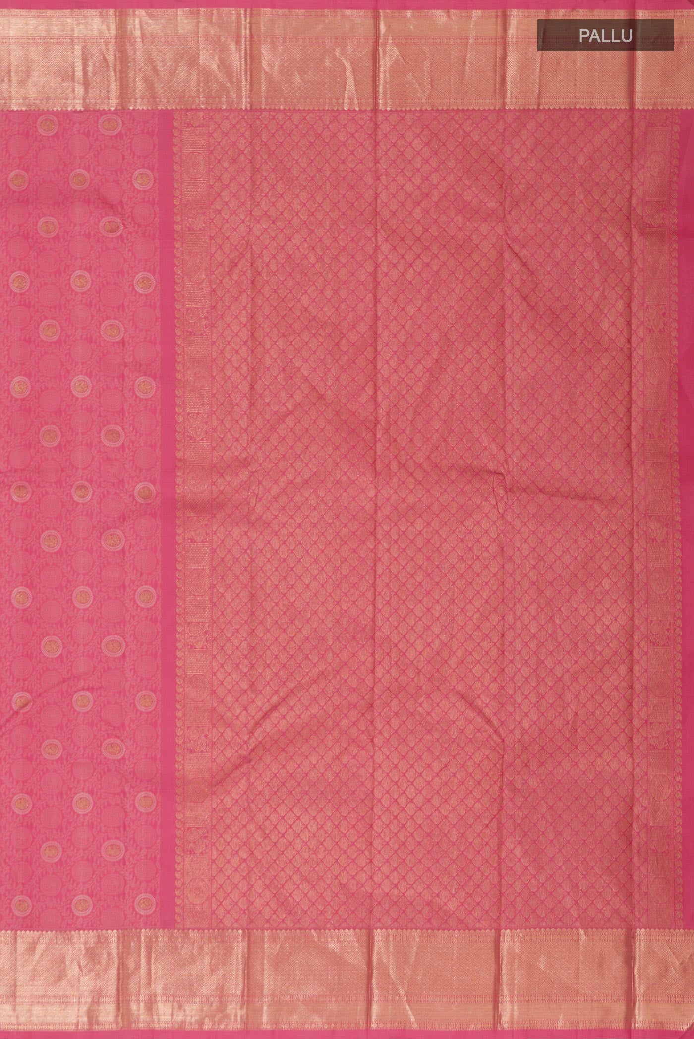 Close up image of the pallu of Pink Kanjivaram Silk Saree with Jacquard With Zari Butta on the body and Zari Border. 