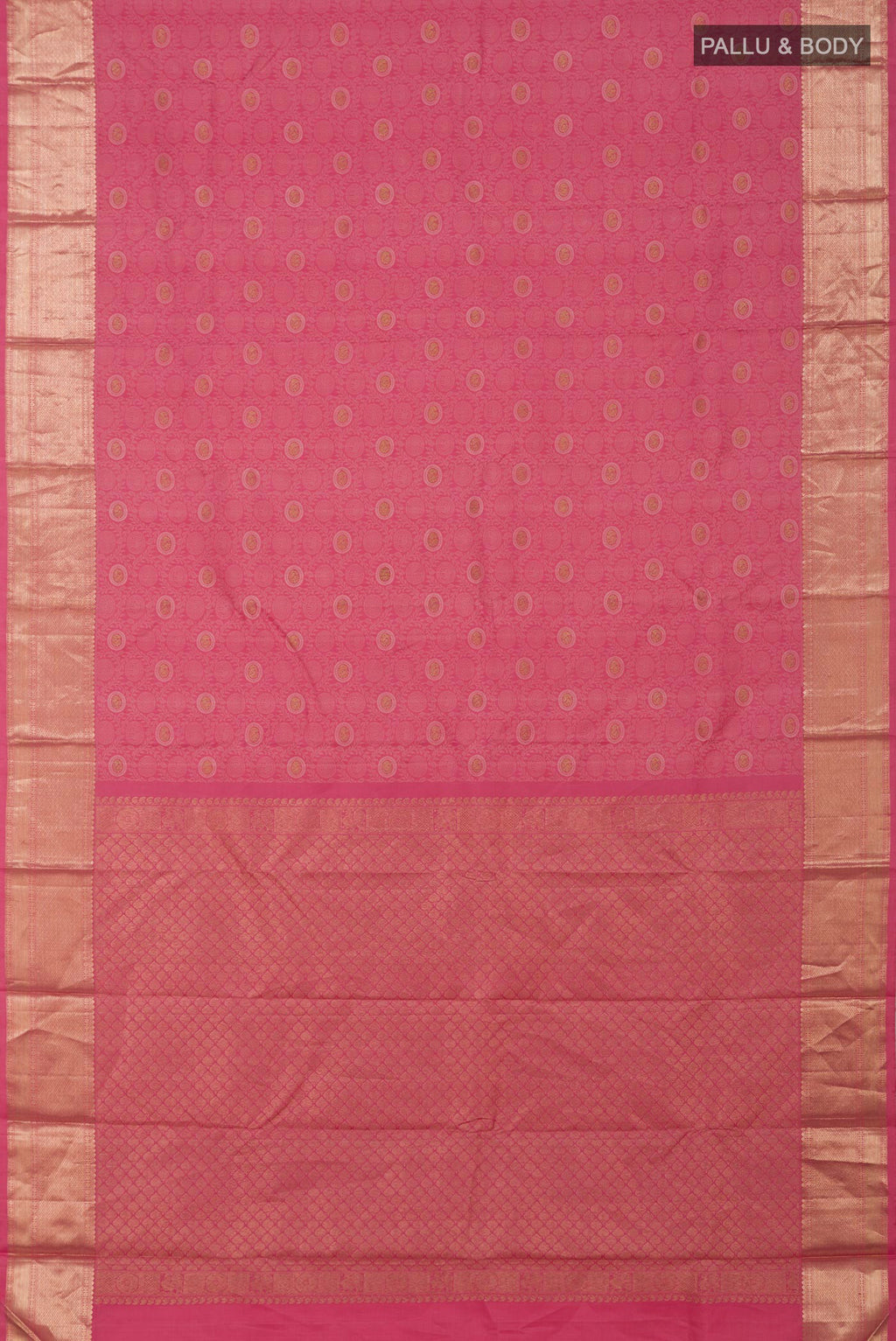 Flat view of Pink Kanjivaram Silk Saree with Jacquard With Zari Butta on the body and Zari Border. 