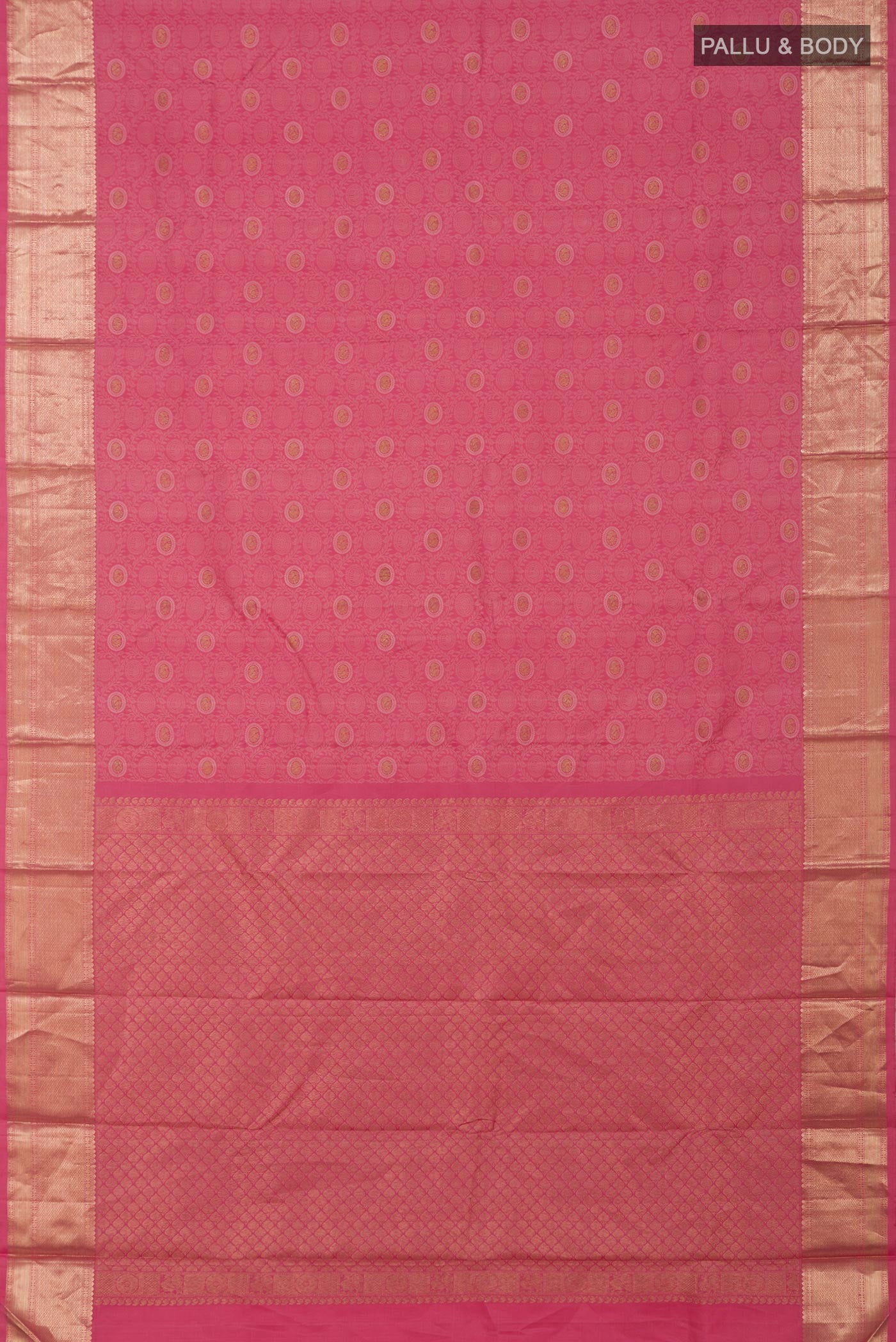 Flat view of Pink Kanjivaram Silk Saree with Jacquard With Zari Butta on the body and Zari Border. 