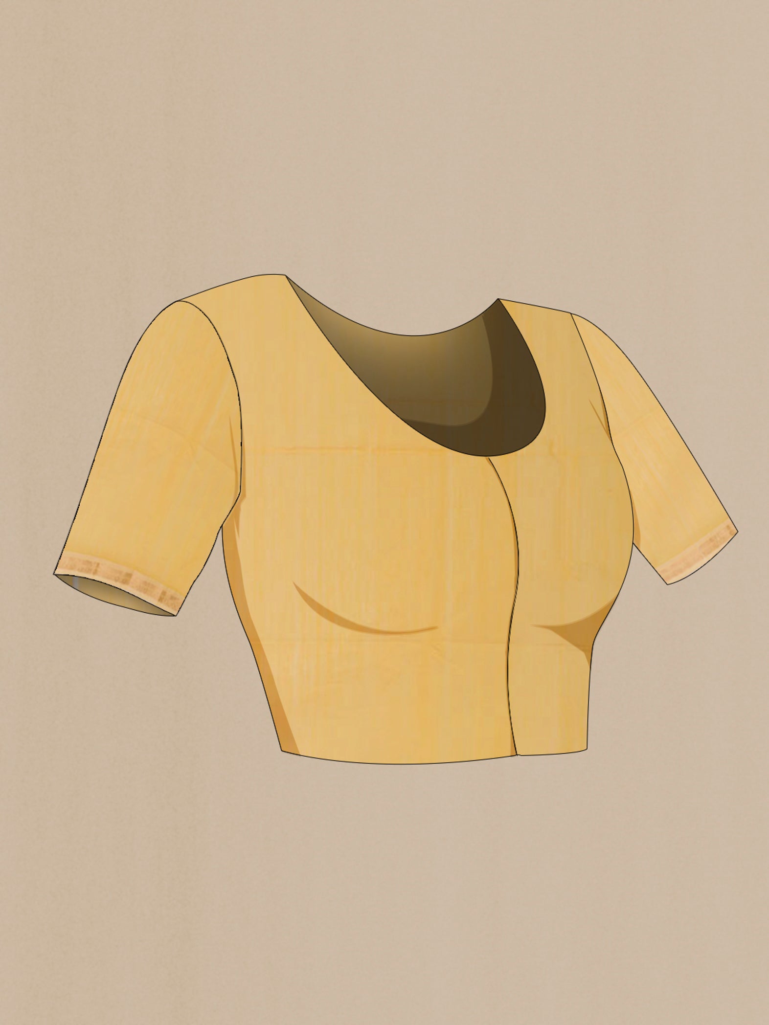 Close up image of the blouse of Yellow Maheshwari Silk Cotton Saree with Plain Body and Zari Border. 