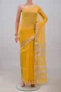 Yellow Maheshwari Silk Cotton Saree with Plain Body and Zari Border.  displayed on a mannequin