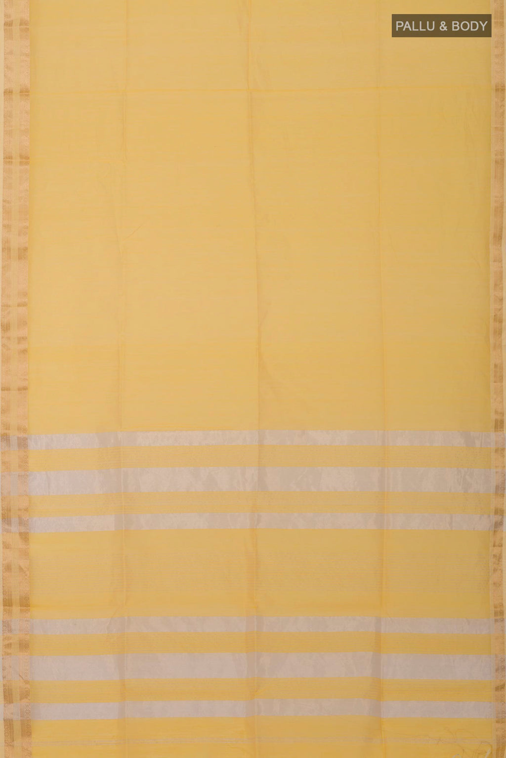 Flat view of Yellow Maheshwari Silk Cotton Saree with Plain Body and Zari Border. 