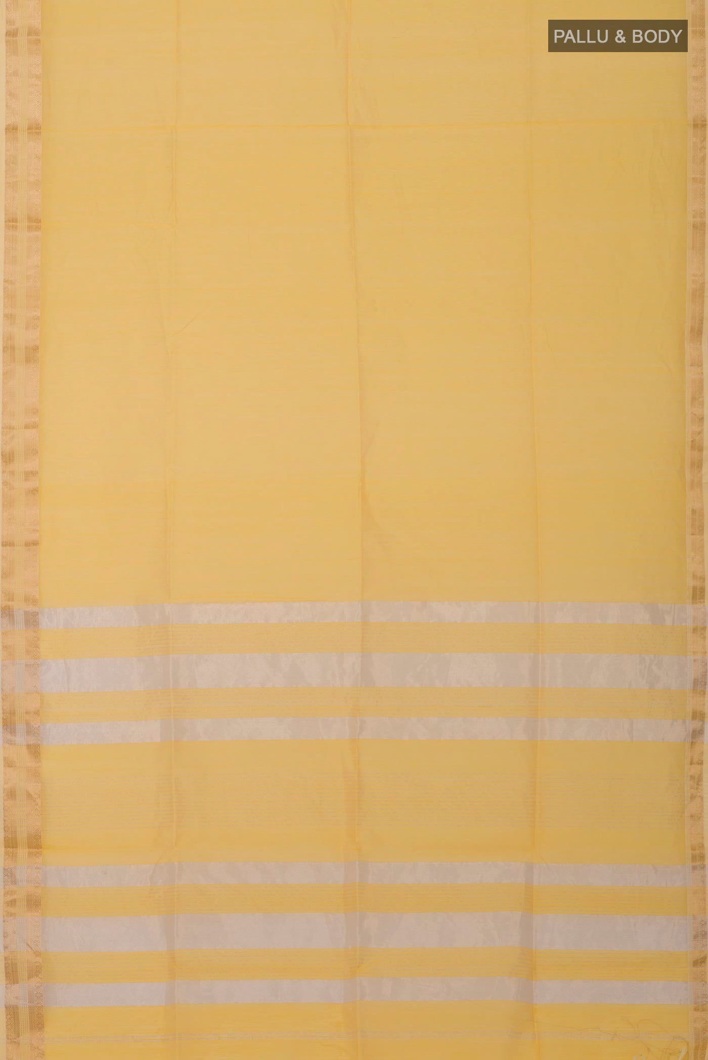 Flat view of Yellow Maheshwari Silk Cotton Saree with Plain Body and Zari Border. 