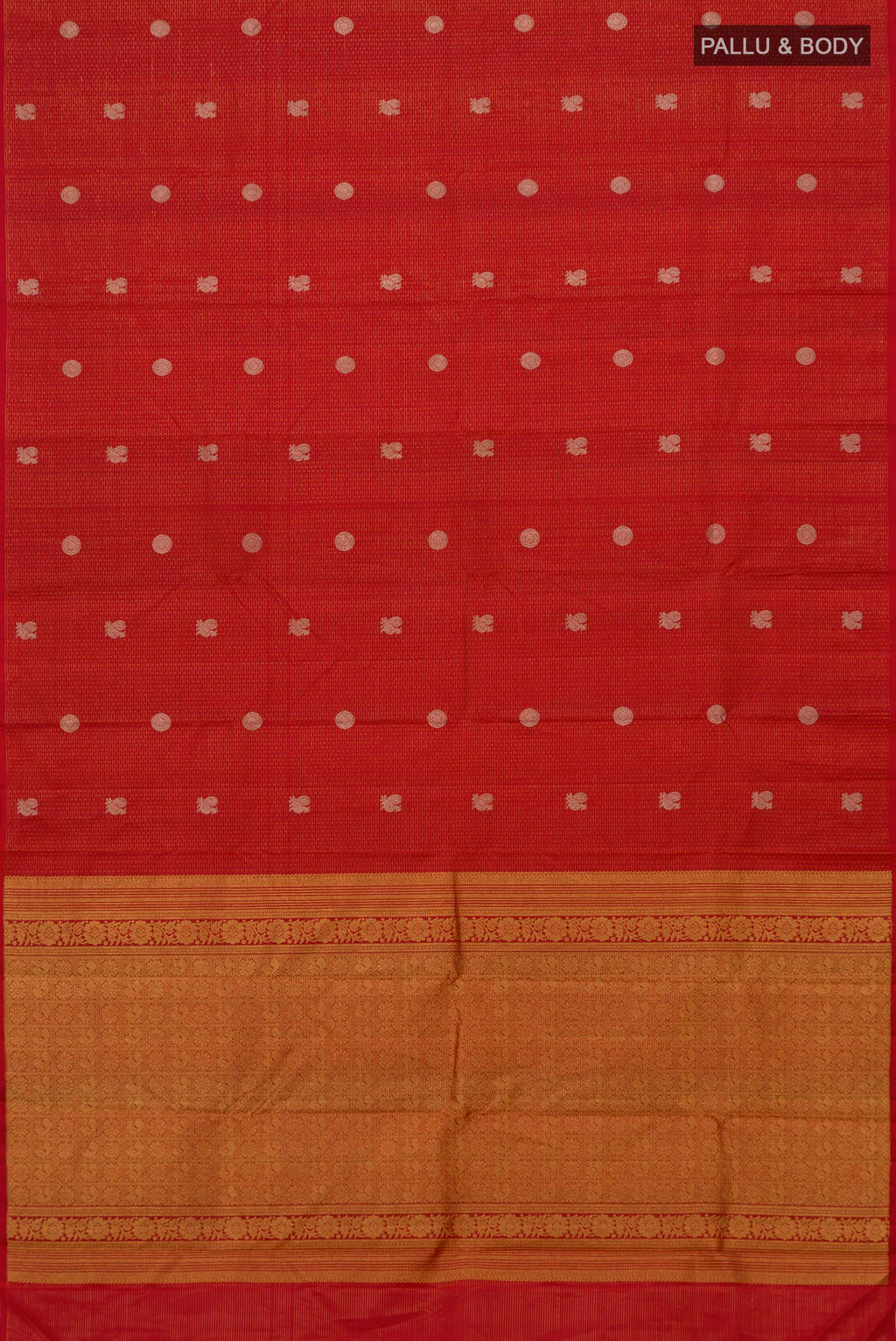 Flat view of Red Kanchipuram Silk Saree with Checked design on the body and Without Border. 
