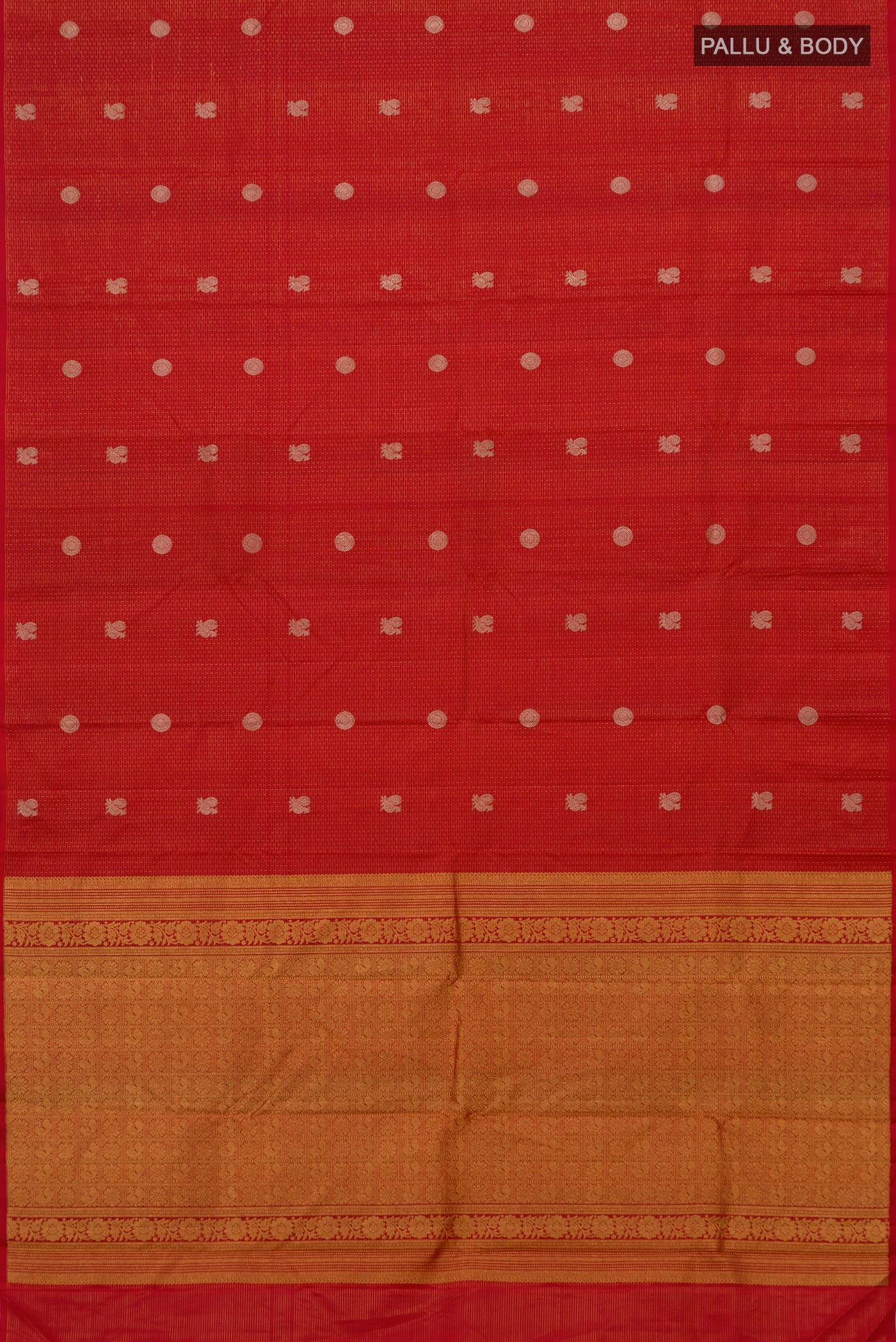 Flat view of Red Kanchipuram Silk Saree with Checked design on the body and Without Border. 