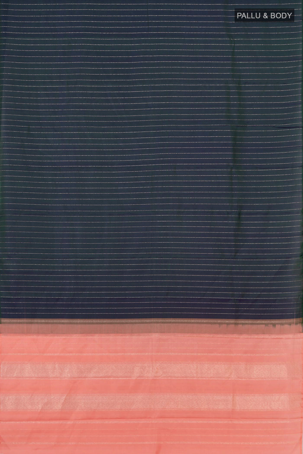 Flat view of Peacock Blue Kanjivaram Silk Saree with Stripes on the body and Without Border. 