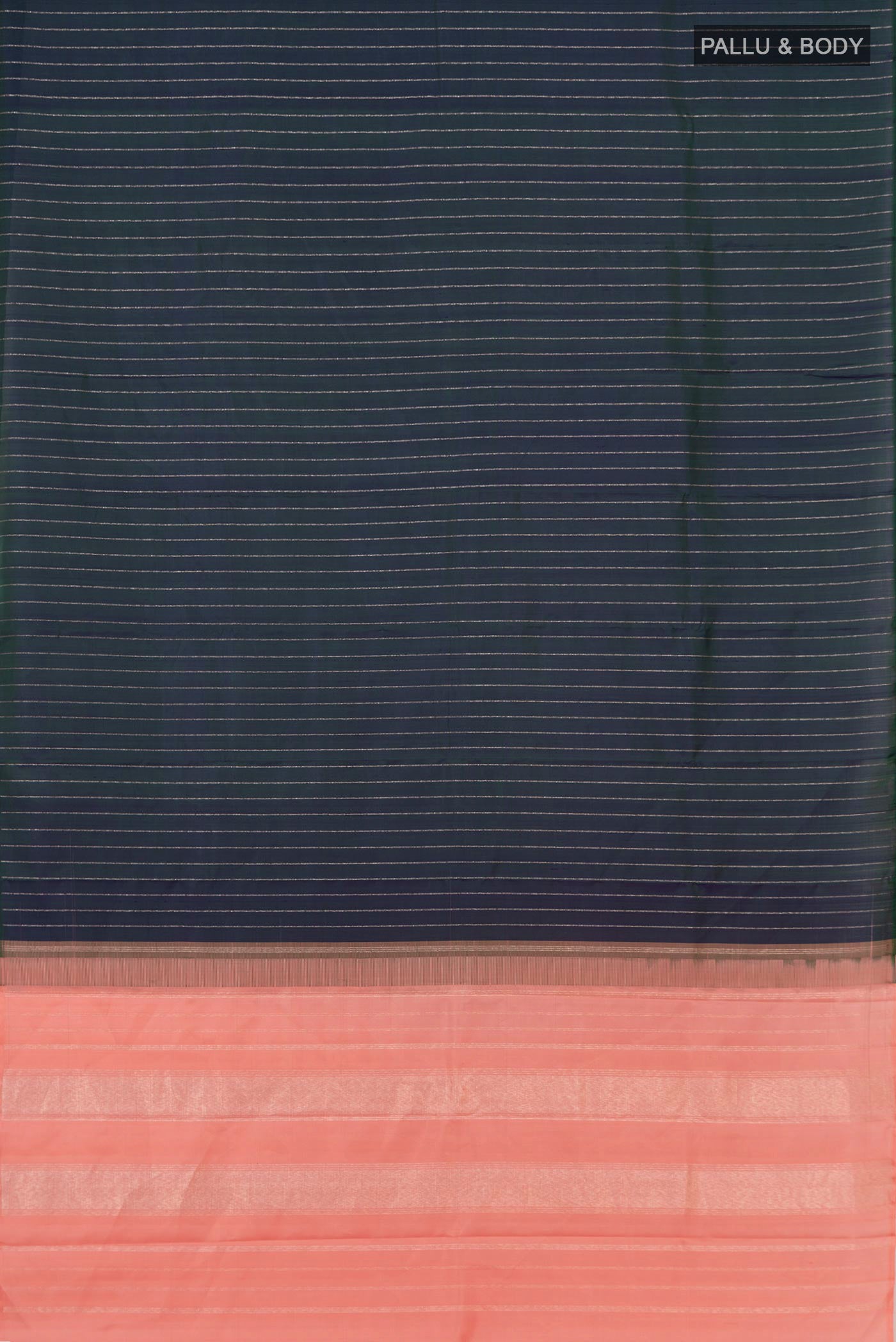 Flat view of Peacock Blue Kanjivaram Silk Saree with Stripes on the body and Without Border. 
