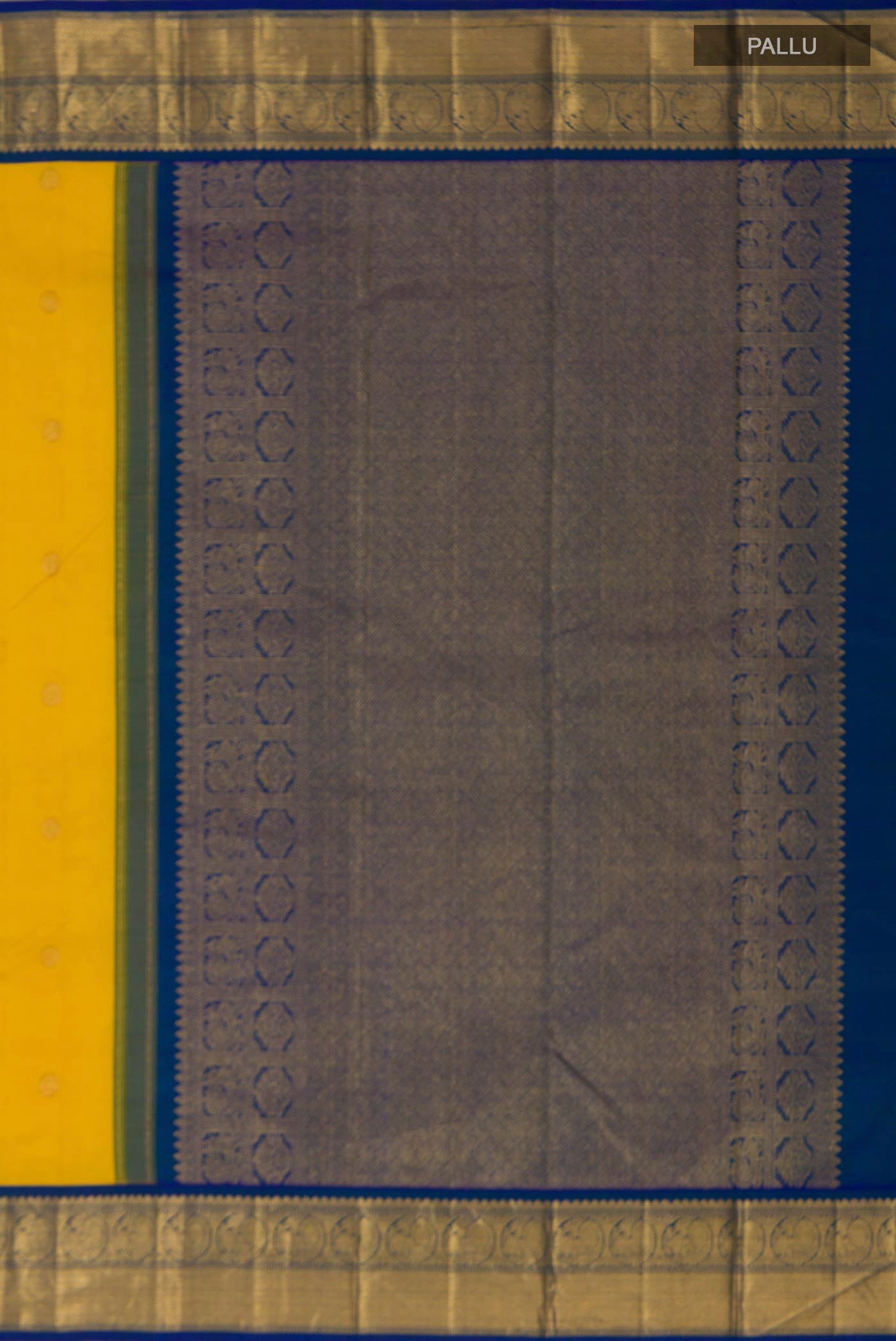 Close up image of the pallu of Yellow Kanjivaram Silk Saree with Zari Butta on the body and Zari Border. 