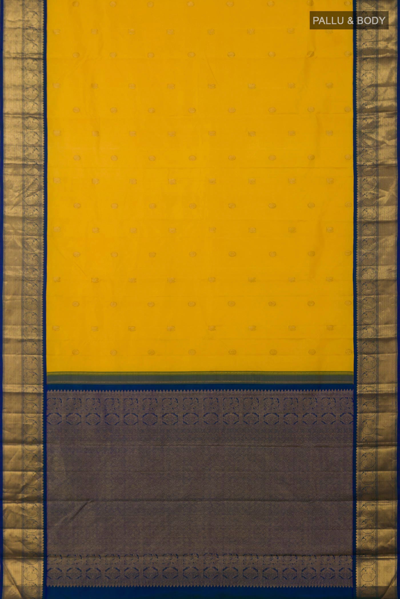 Flat view of Yellow Kanjivaram Silk Saree with Zari Butta on the body and Zari Border. 