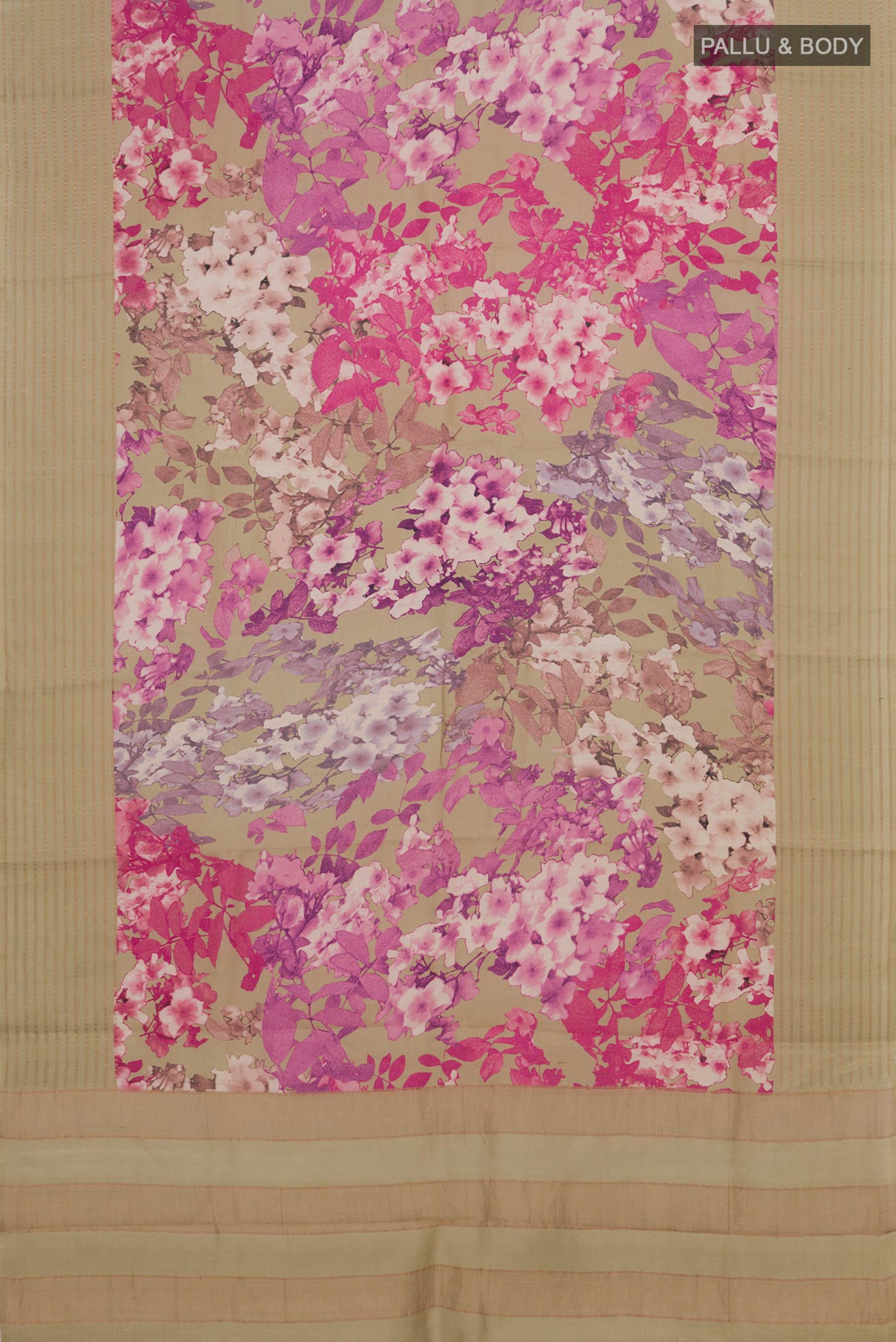 Flat view of Beige Tussar Silk Saree with Floral Print on the body and Fancy Border. 