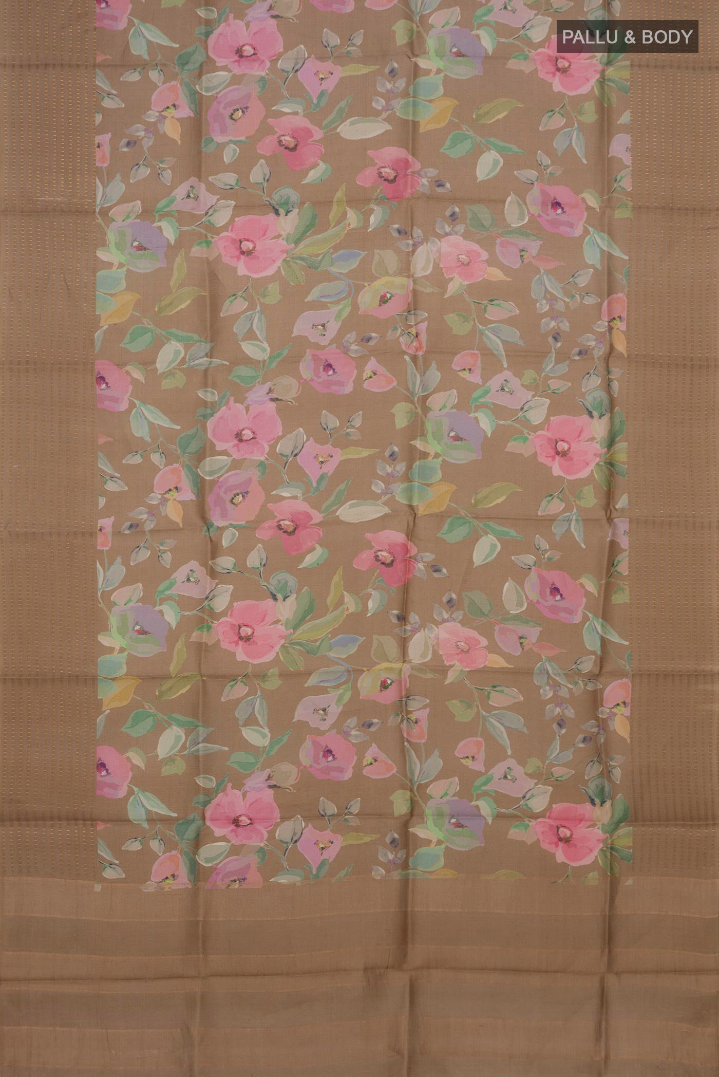 Flat view of Beige Tussar Silk Saree with Floral Print on the body and Thin Zari Line. 