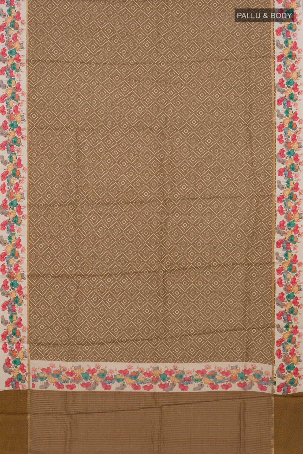 Flat view of Mehandi Green Tussar Silk Saree with Printed design on the body and Printed Border. 
