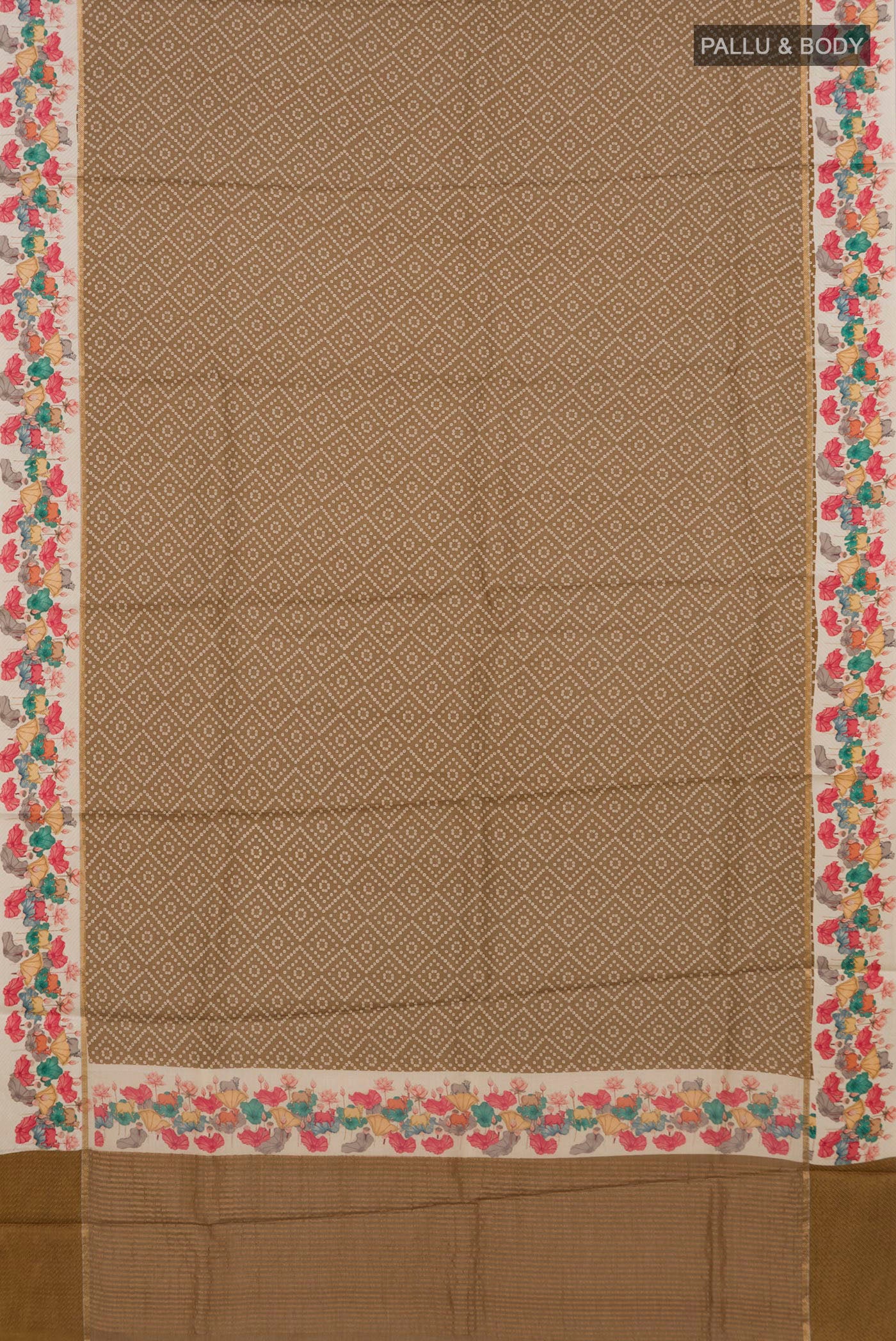 Flat view of Mehandi Green Tussar Silk Saree with Printed design on the body and Printed Border. 