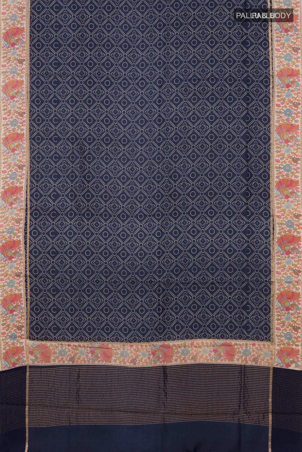 Flat view of Blue Tussar Silk Saree with Printed design on the body and Printed Border. 