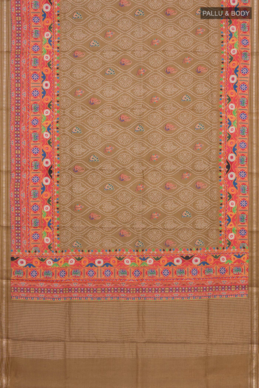 Flat view of Beige Tussar Silk Saree with Printed design on the body and Printed Border. 