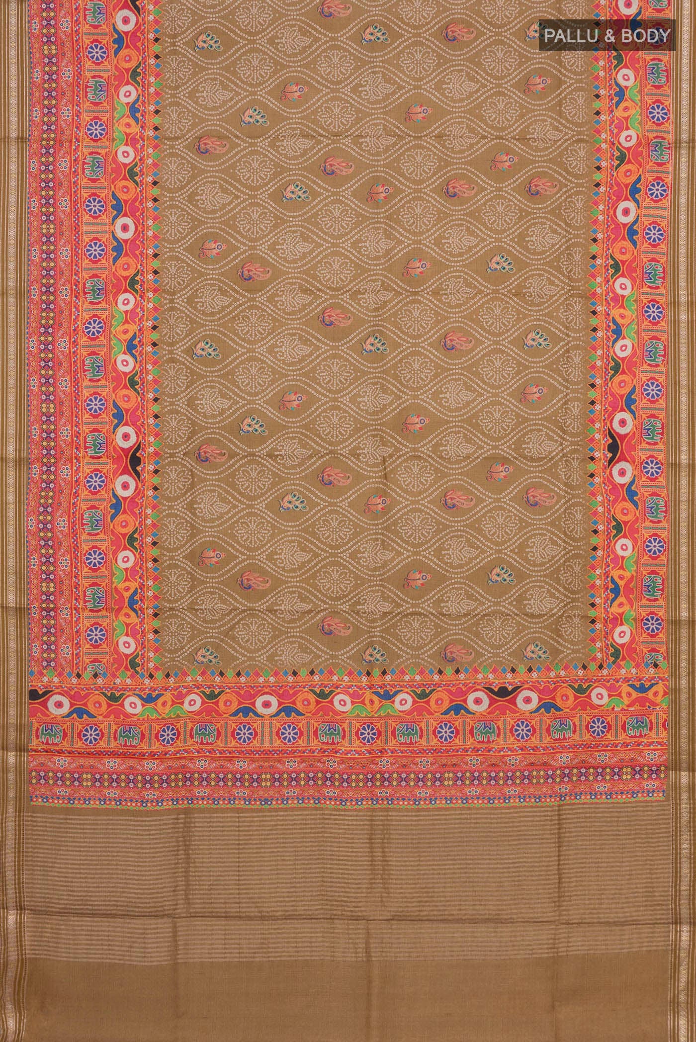 Flat view of Beige Tussar Silk Saree with Printed design on the body and Printed Border. 