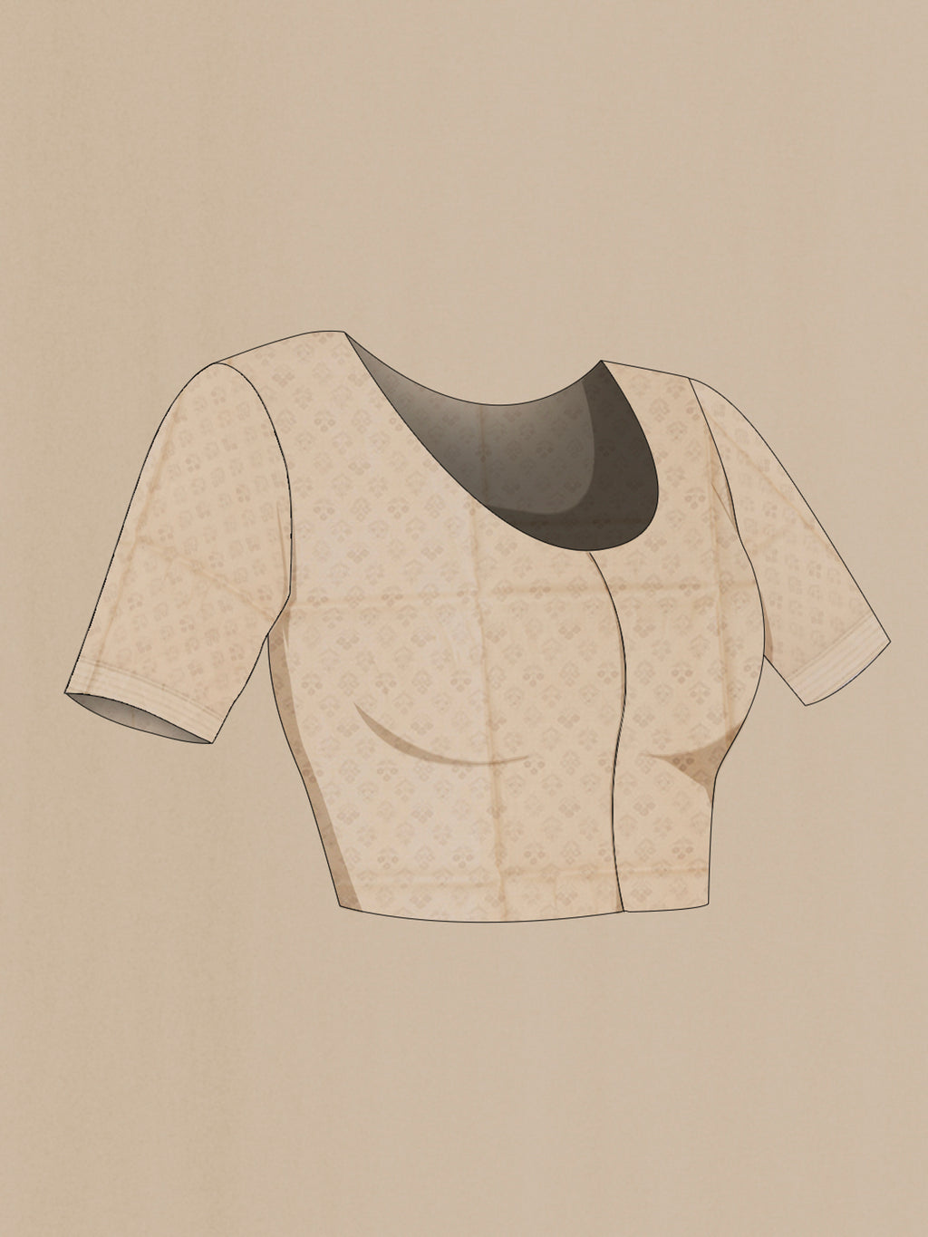 Close up image of the blouse of Cream Tussar Silk Saree with Printed design on the body and Thin Zari Line. 